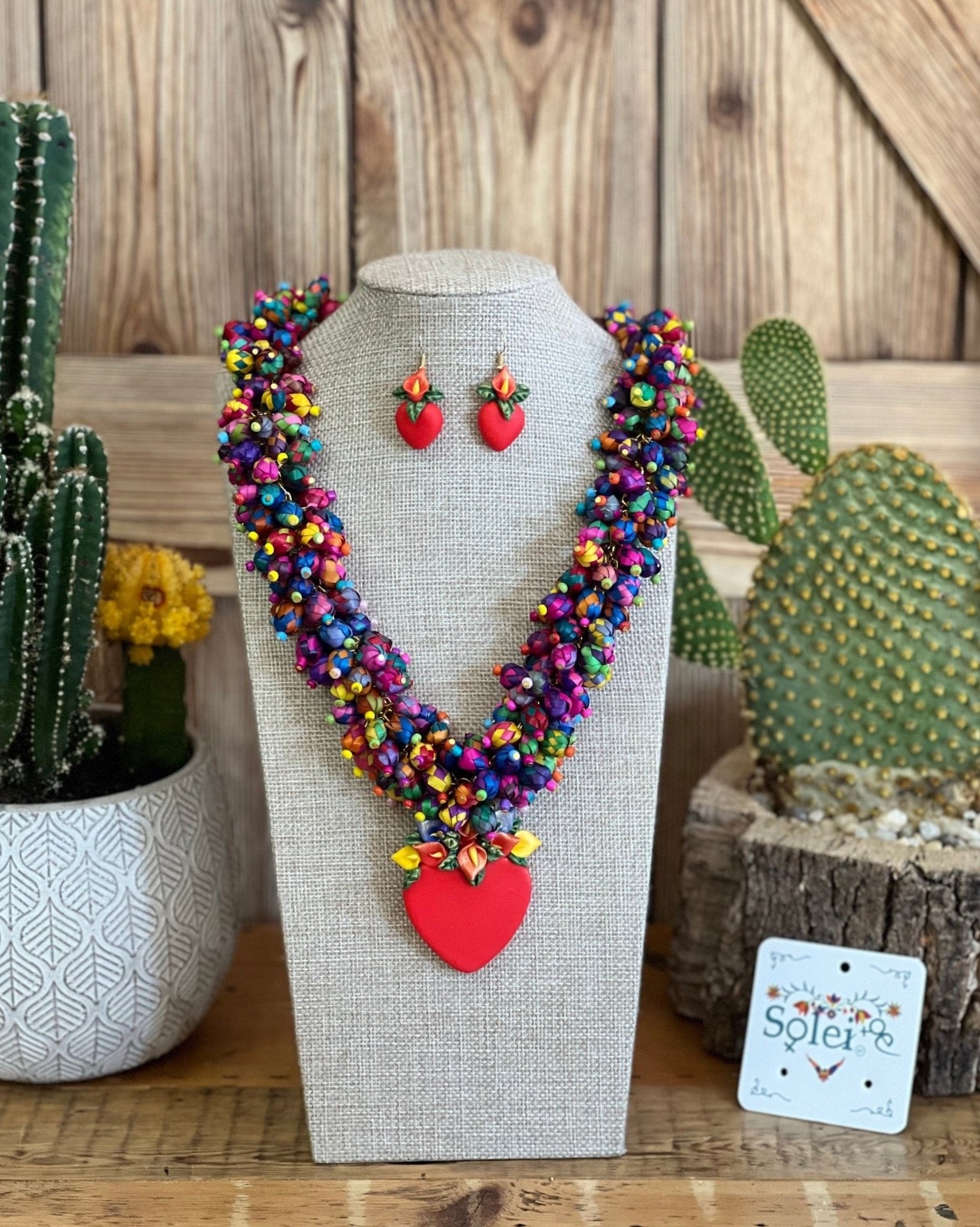 Traditional Mexican Woven Palm Heart Necklace & Earrings. Set Palma Corazon. - Solei Store