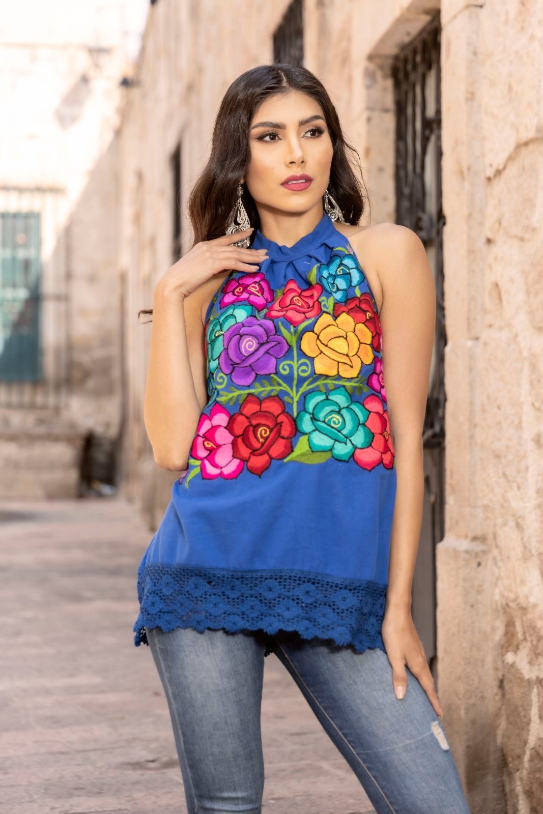 Multicolor Floral Embroidered Blouse. Royal Blue Blouse-Multicolor Florals