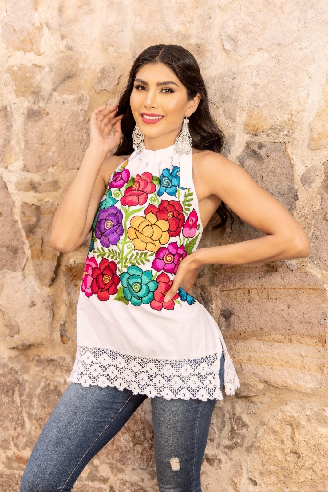 Multicolor Floral Embroidered Blouse. White Blouse-Multicolor Florals