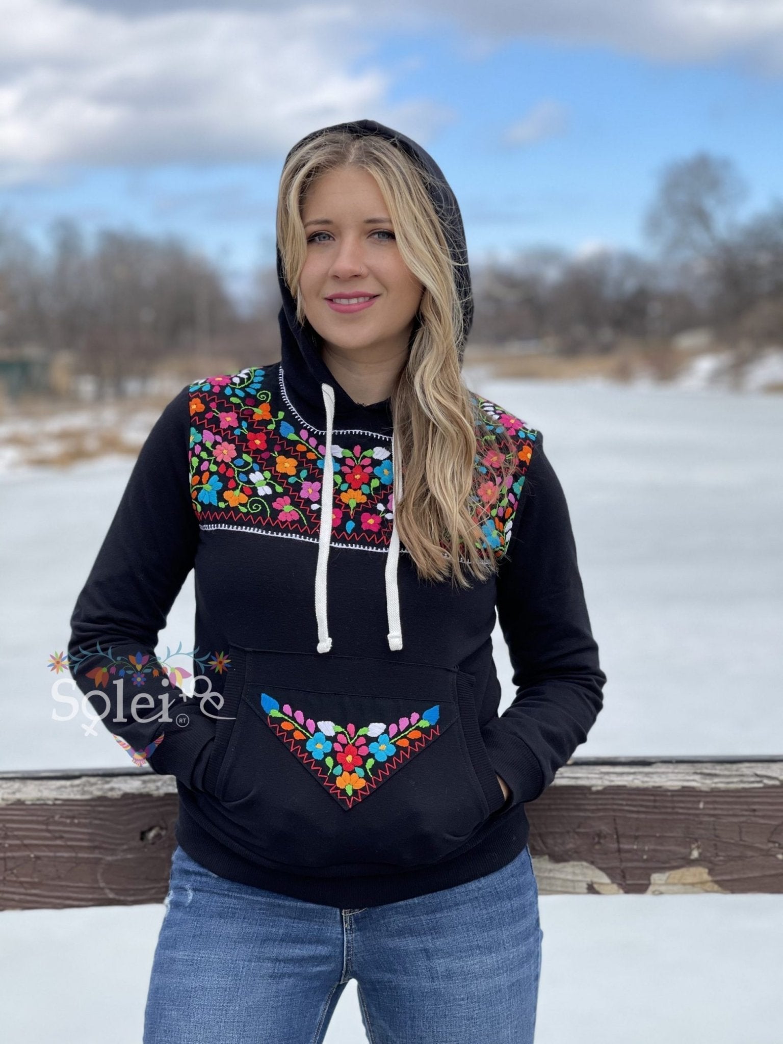 Xochitl Hand Embroidered Mexican Floral Hoodie - Solei Store