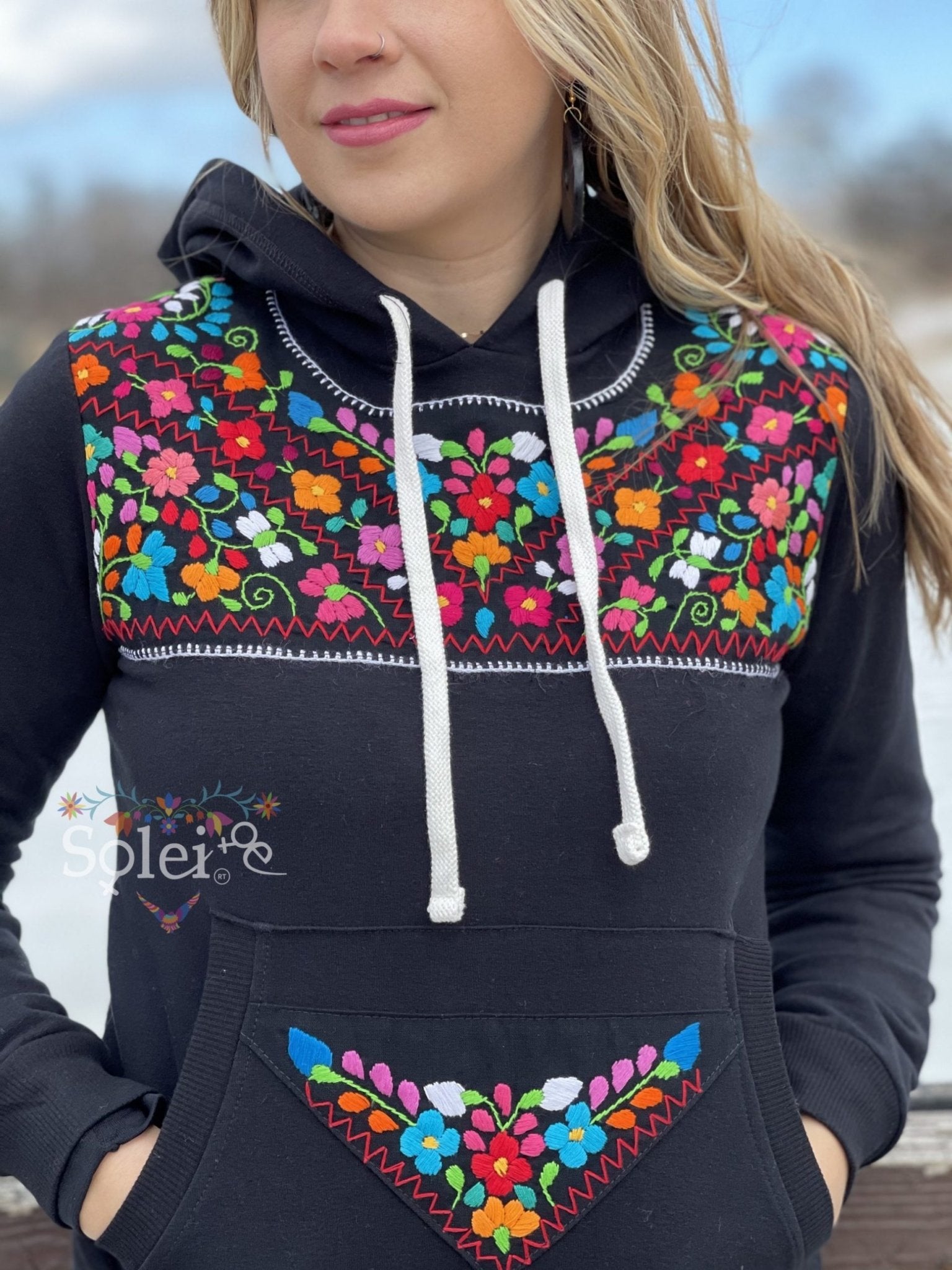 Xochitl Hand Embroidered Mexican Floral Hoodie - Solei Store