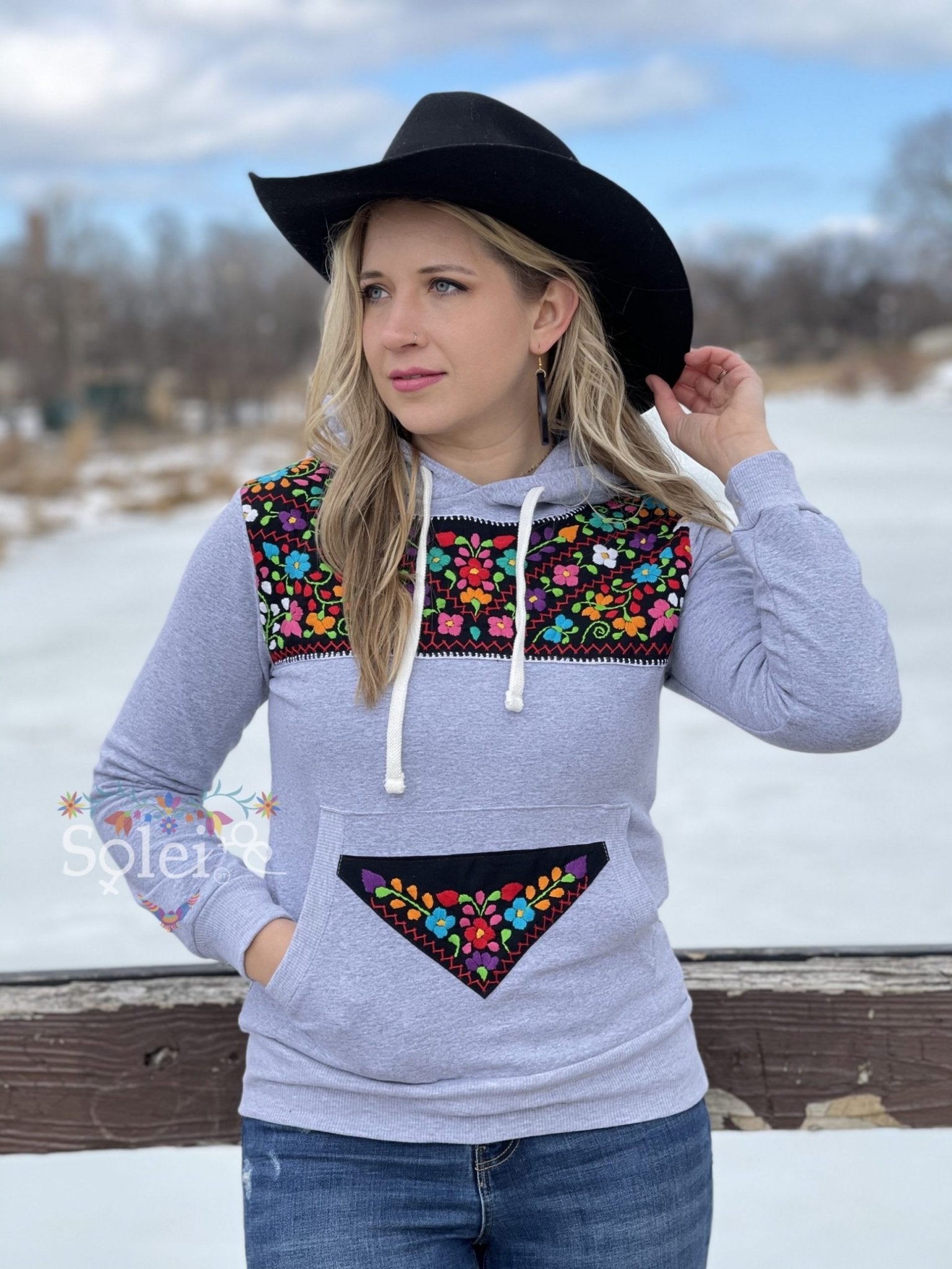 Xochitl Hand Embroidered Mexican Floral Hoodie - Solei Store