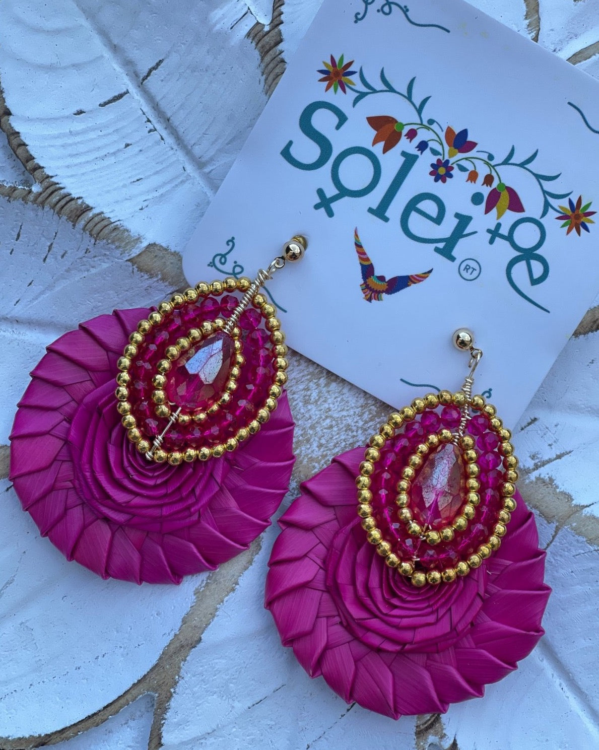 Fuchsia Palm Leaf Earrings. Gold and Fuchsia Beads.