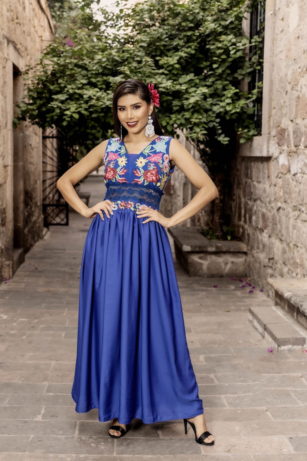 Royal Blue Dress with multicolor floral embroidery