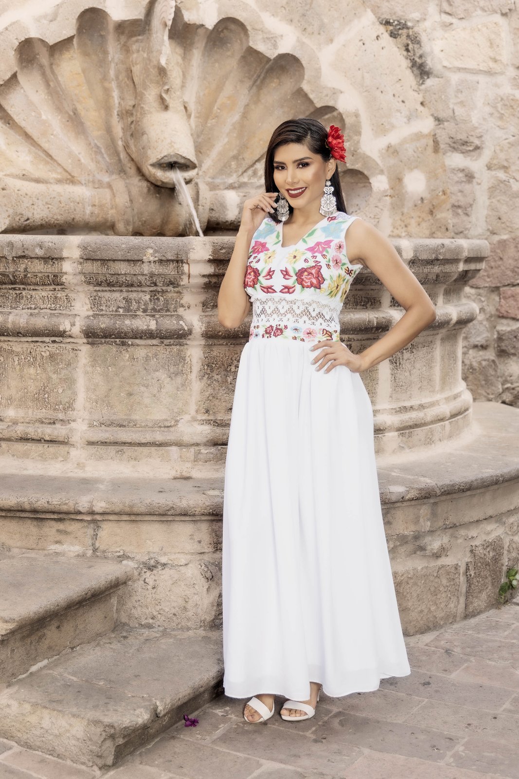 White Dress with multicolor floral embroidery