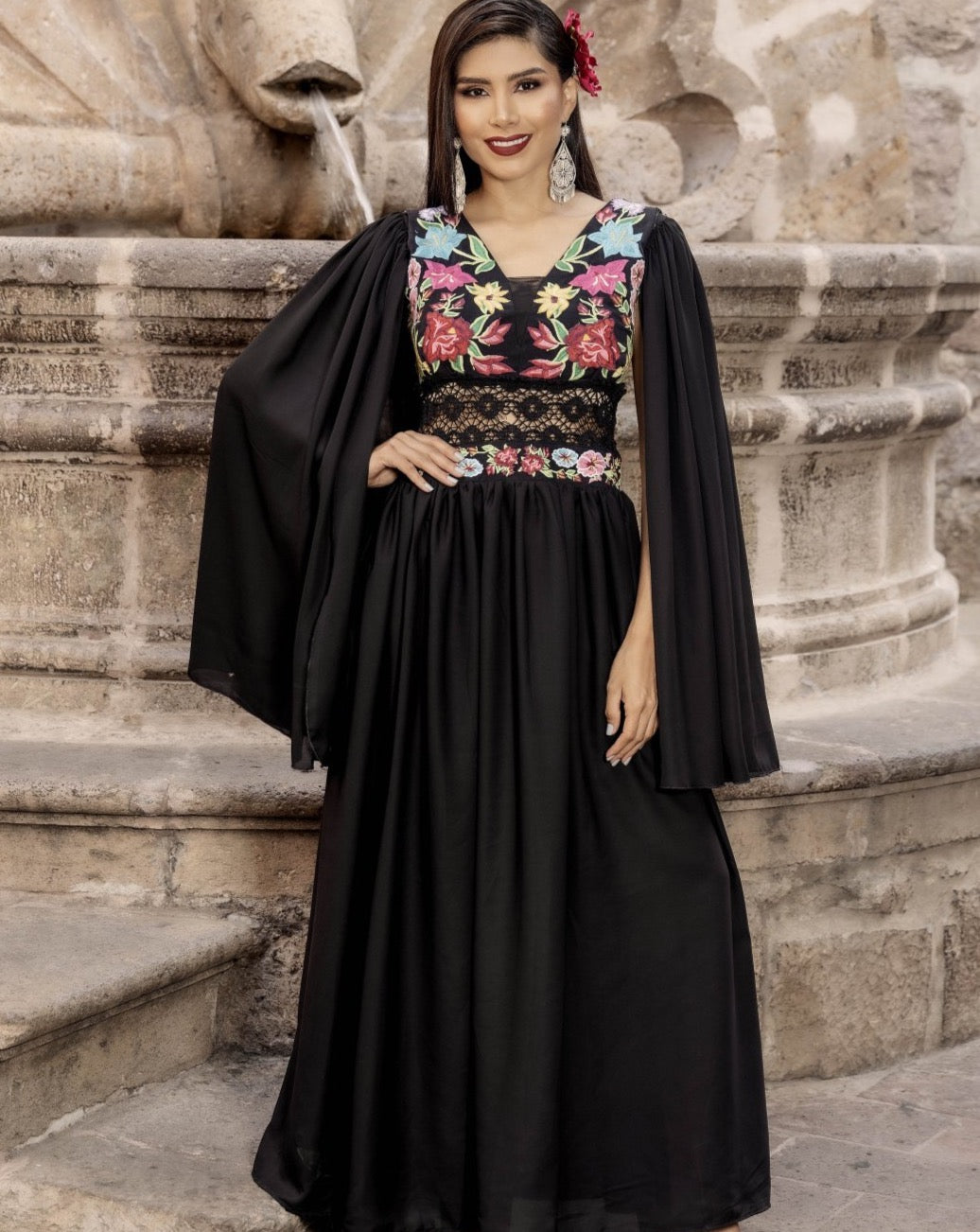 Black Dress with multicolor floral embroidery