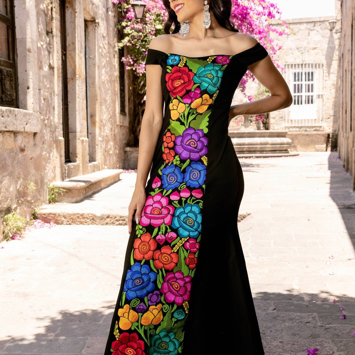 Fiesta Long Mexican Embroidered Dress One Of A Kind Mexican Embroidered Dress, Hand Embroidered With Silk Fiesta Long Mexican Embroidered Dress One Of A Kind Mexican Embroidered Dress, Hand Embroidered With Silk