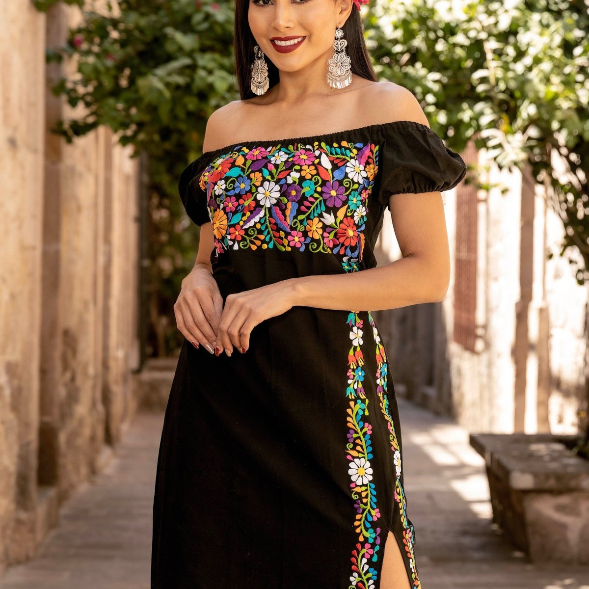 Rodia Floral Chiffon Flared Dress ワンピース (BLACK) Black Floral Dress For Women