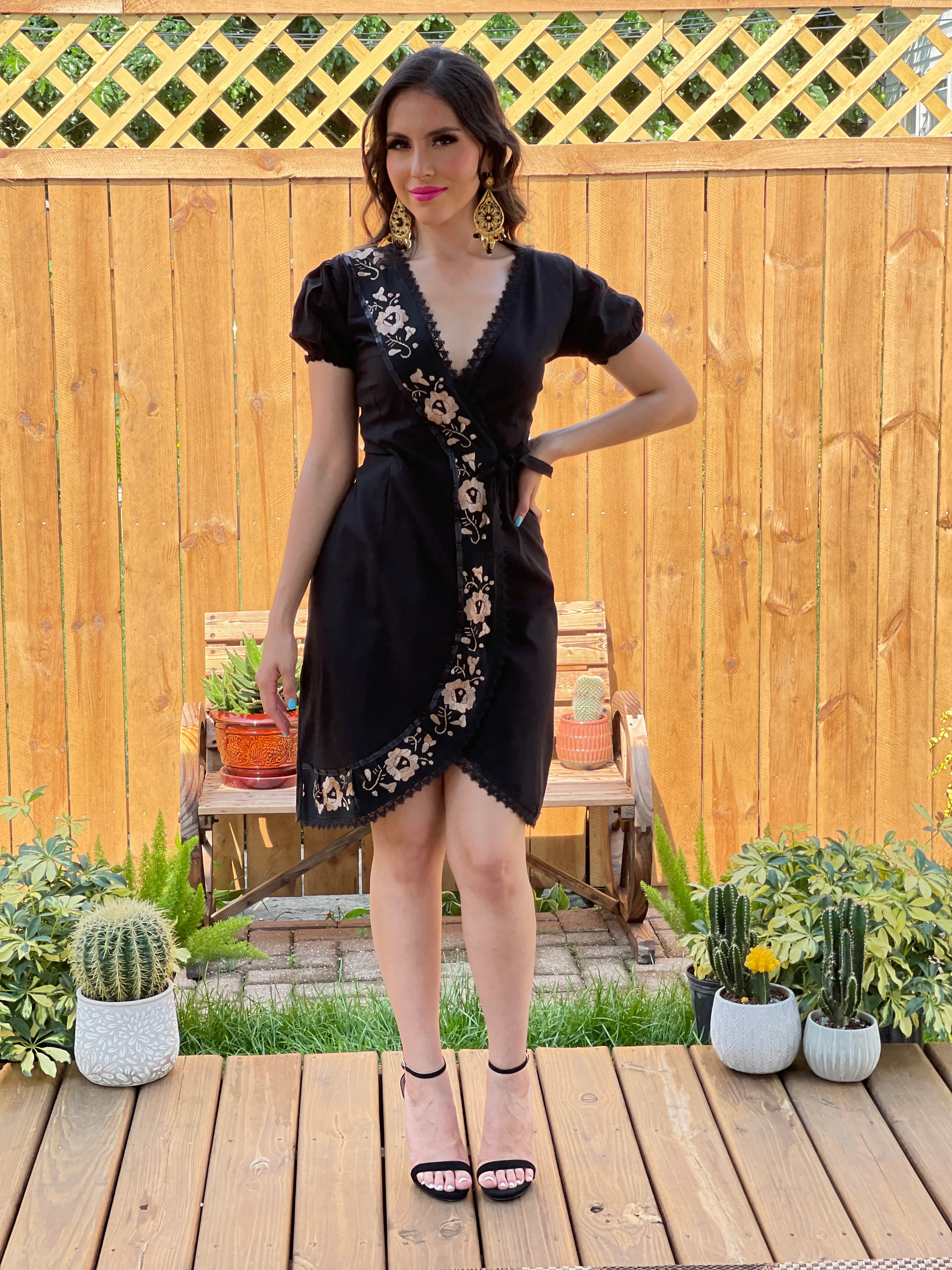 Mexican Hand Embroidered Wrap Dress in Black with Gold Embroidery