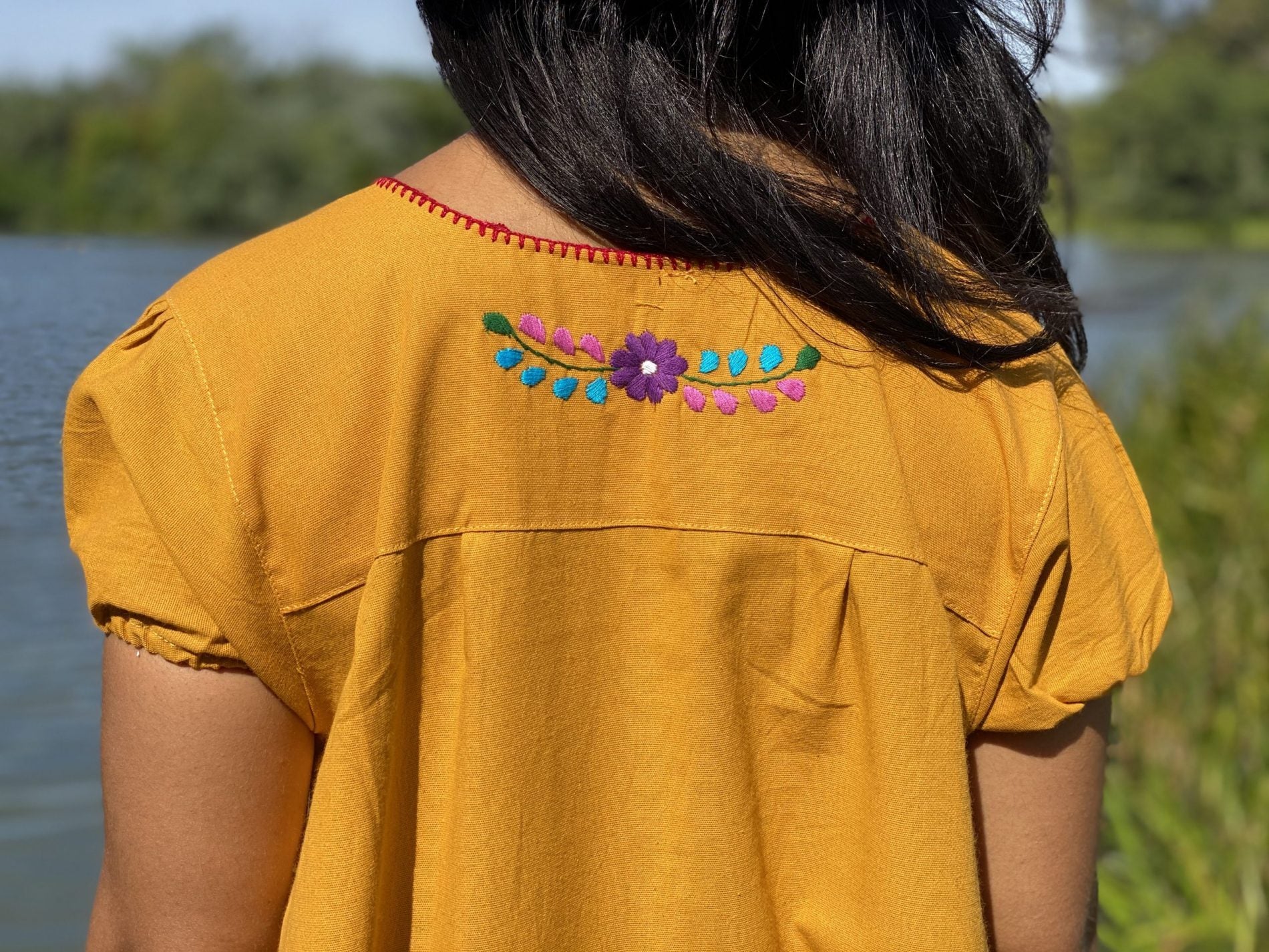 A line style cotton dress, Mexican design of hand embroidered flowers. - Solei Store