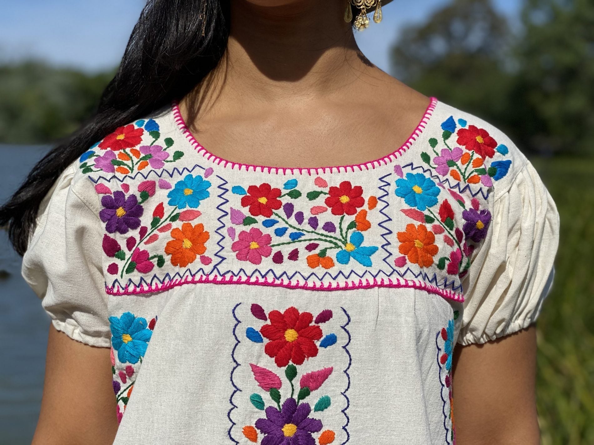 A line style cotton dress, Mexican design of hand embroidered flowers. - Solei Store