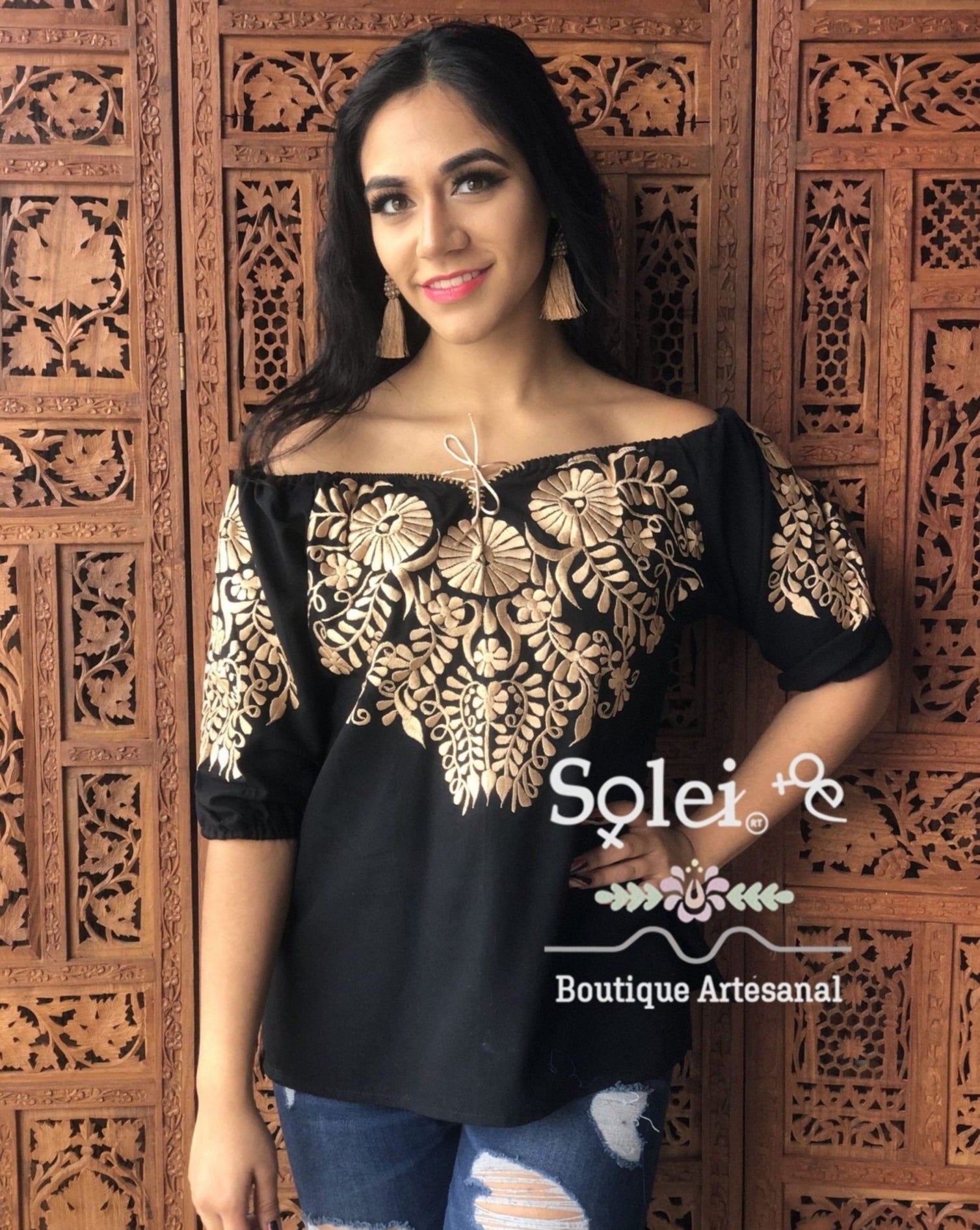 Andrea Gold Blouse 3/4 sleeve smocked off-the-shoulder blouse, casual and formal blouse, gold color embroidery - Solei Store