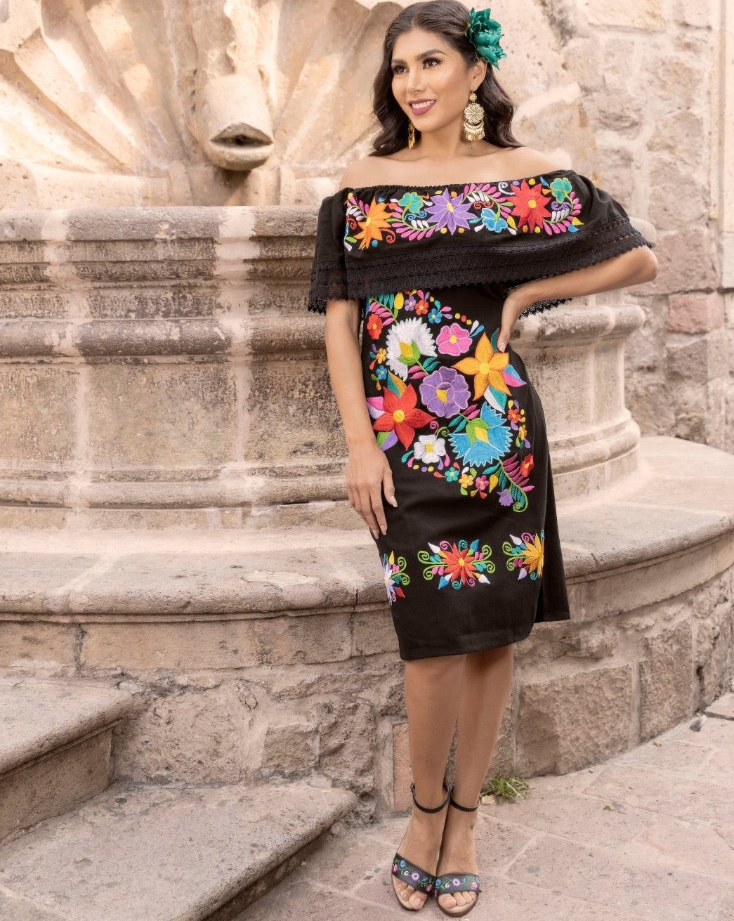Colorful Traditional Mexican Embroidered Dress in Black 