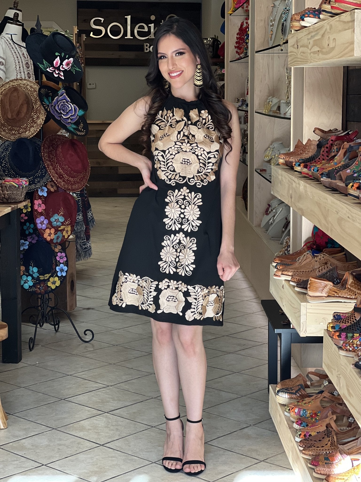 Artisanal Embroidered Mexican Dress. Black & Gold Mexican Halter Dress. Valeria Dress Black & Gold. - Solei Store