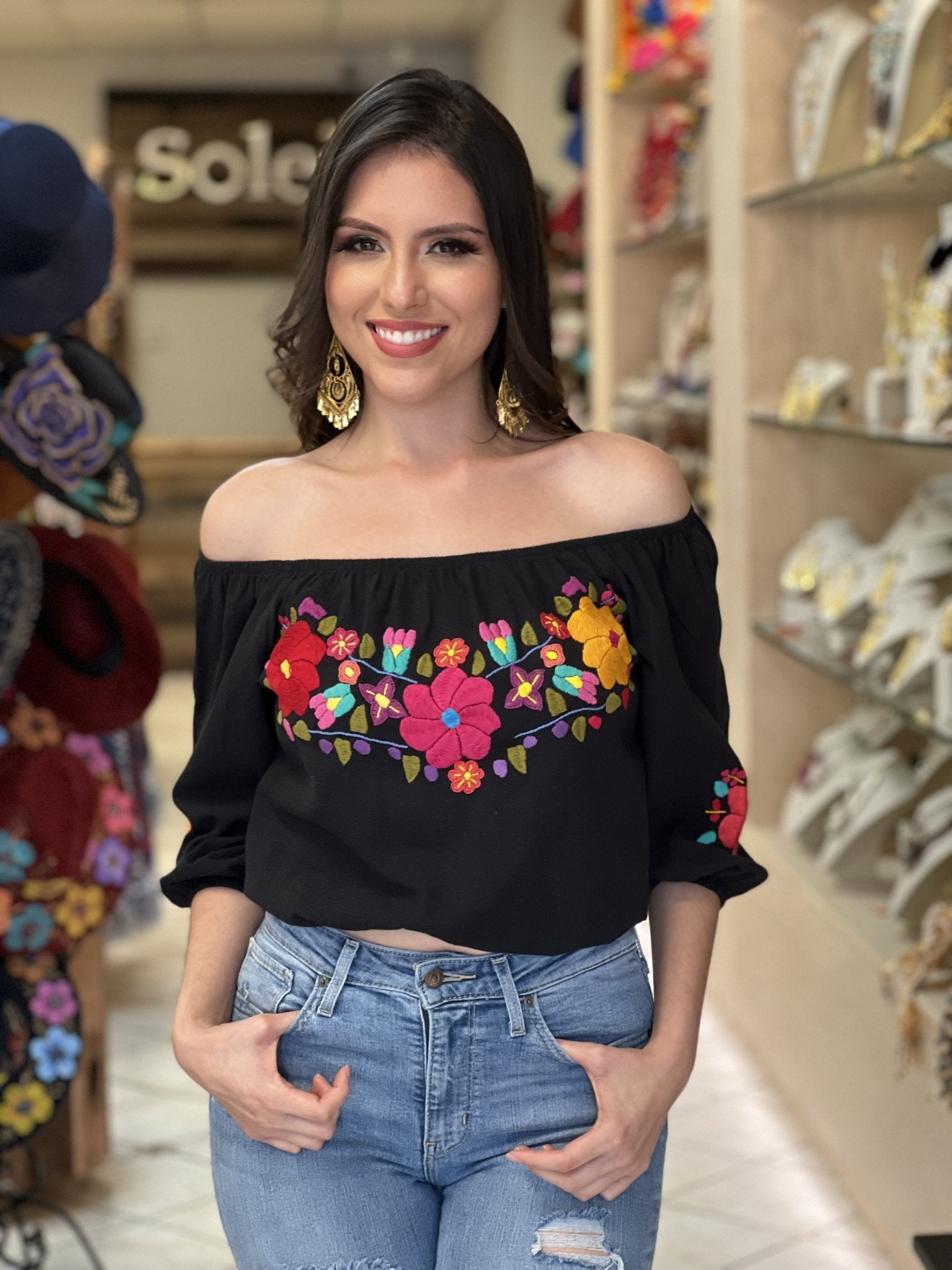 Artisanal Hand Embroidered Crop Top. Mexican 3/4 Sleeve Crop Top. Mexican Floral Top. Lorena Crop Top - Solei Store