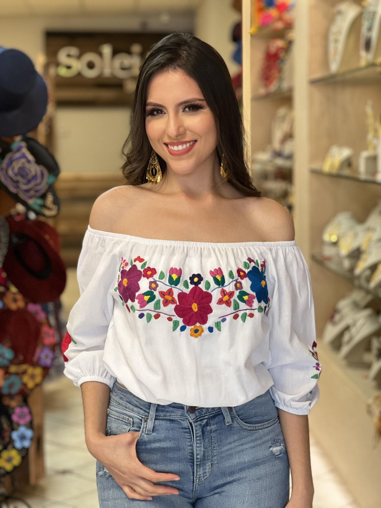 Artisanal Hand Embroidered Crop Top. Mexican 3/4 Sleeve Crop Top. Mexican Floral Top. Lorena Crop Top - Solei Store