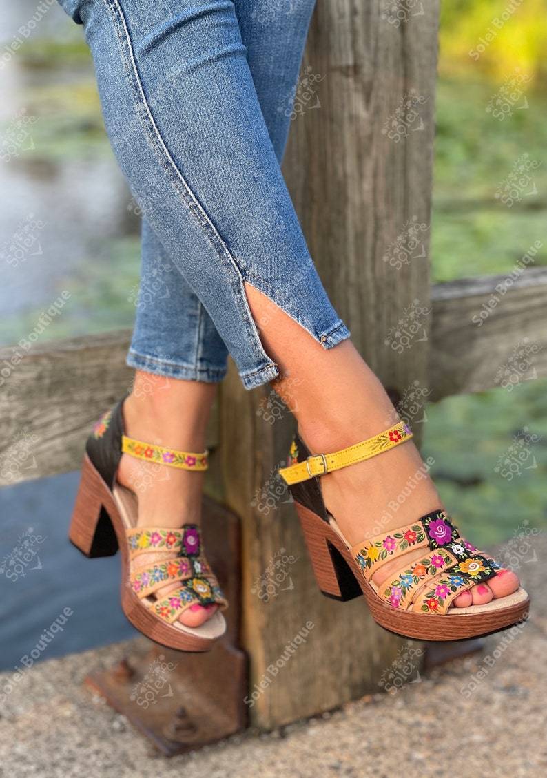 Artisanal Mexican Hand Painted Leather Block Heels. Ivette Heels - Solei Store