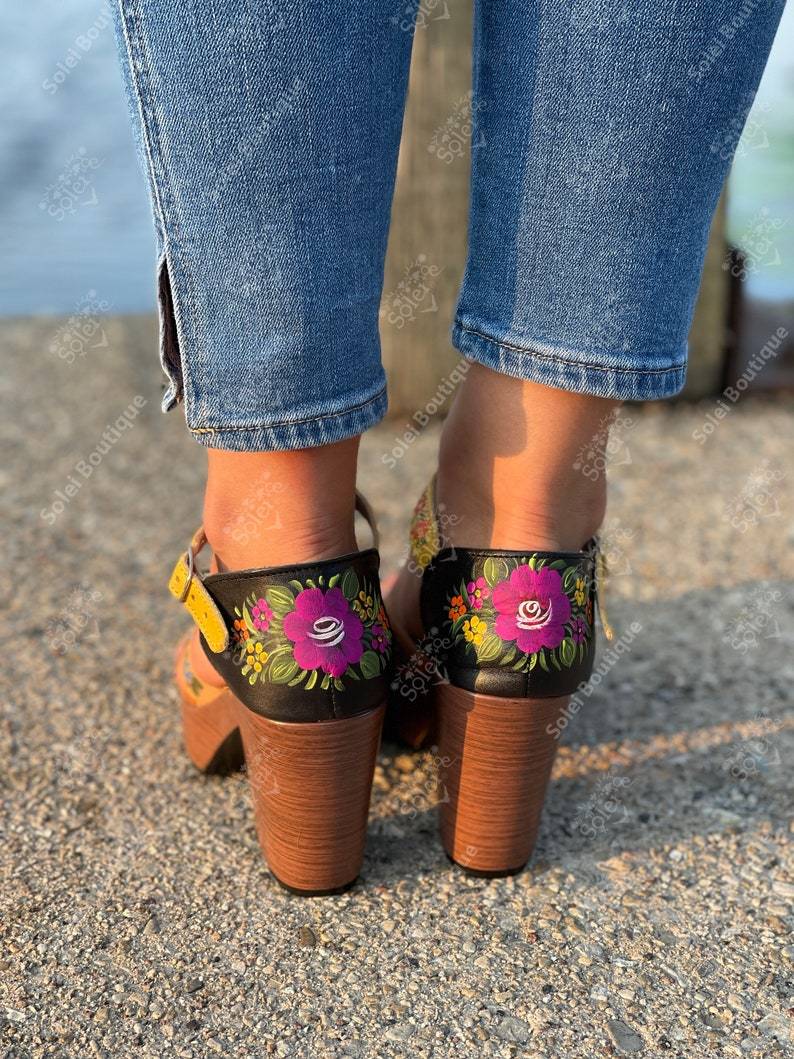 Artisanal Mexican Hand Painted Leather Block Heels. Ivette Heels - Solei Store