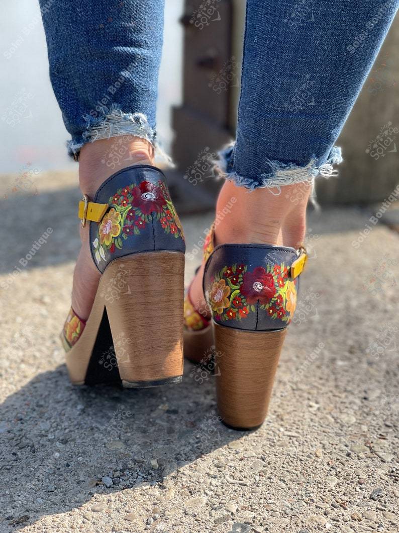 Artisanal Mexican Hand Painted Leather Block Heels. Ivette Heels - Solei Store