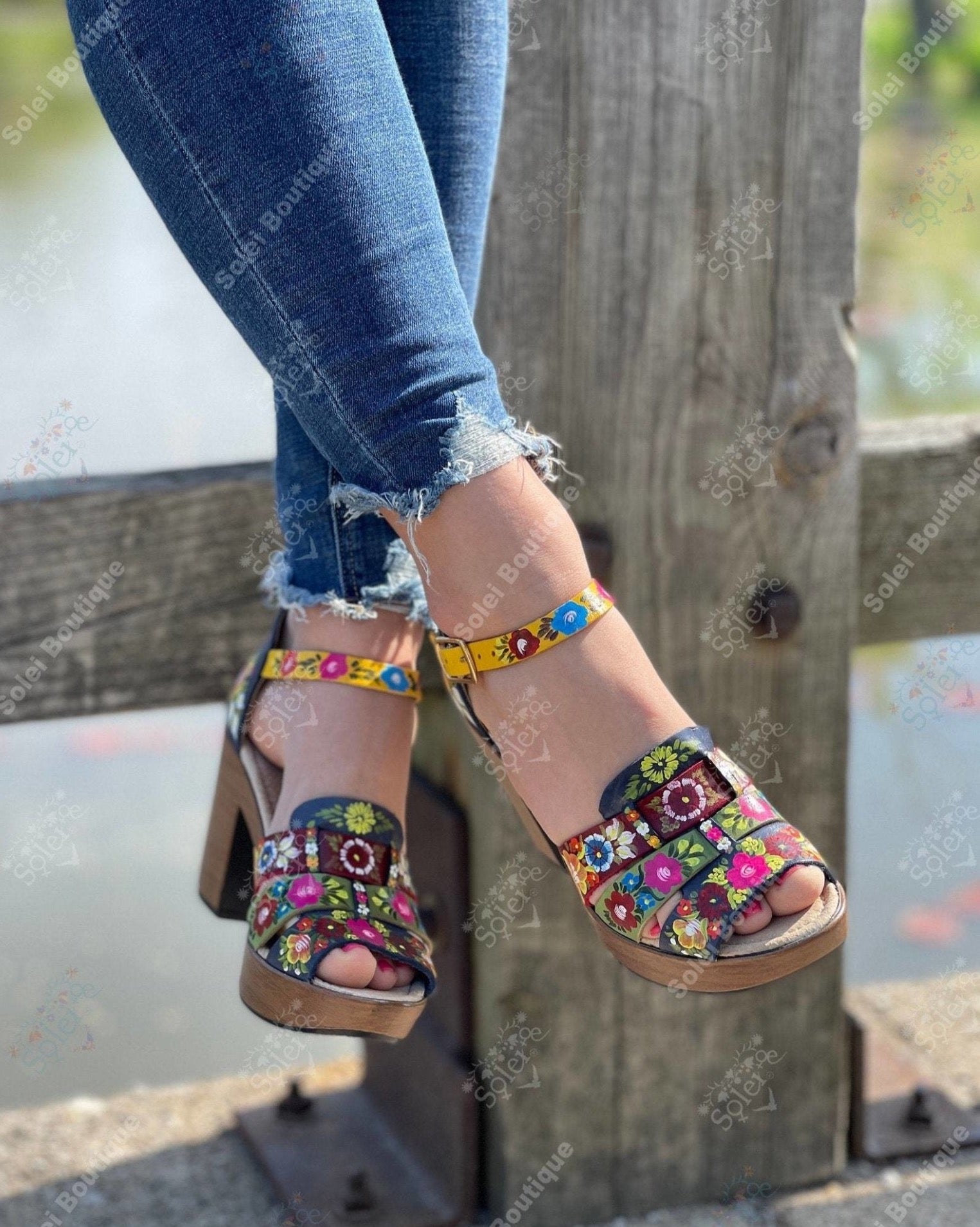 Artisanal Mexican Hand Painted Leather Block Heels. Ivette Heels - Solei Store