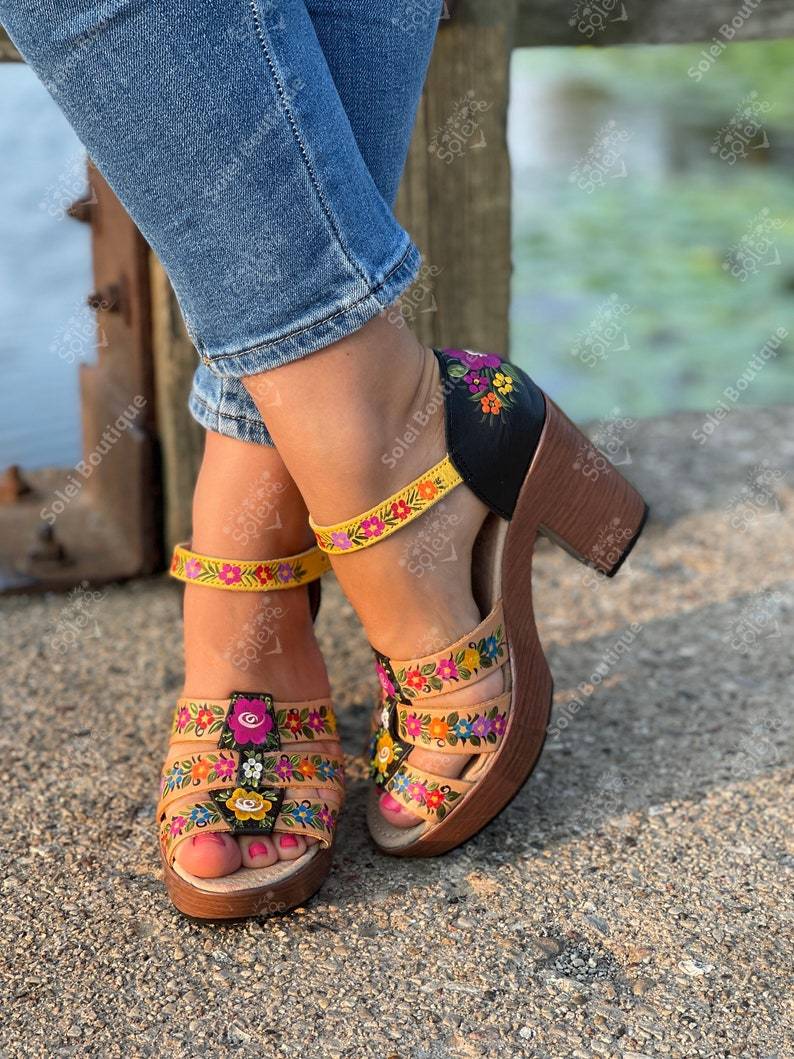 Artisanal Mexican Hand Painted Leather Block Heels. Ivette Heels - Solei Store