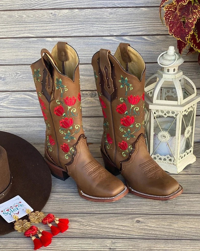 Artisanal Mexican Leather Floral Embroidered Boots. Botas Camelia - Solei Store