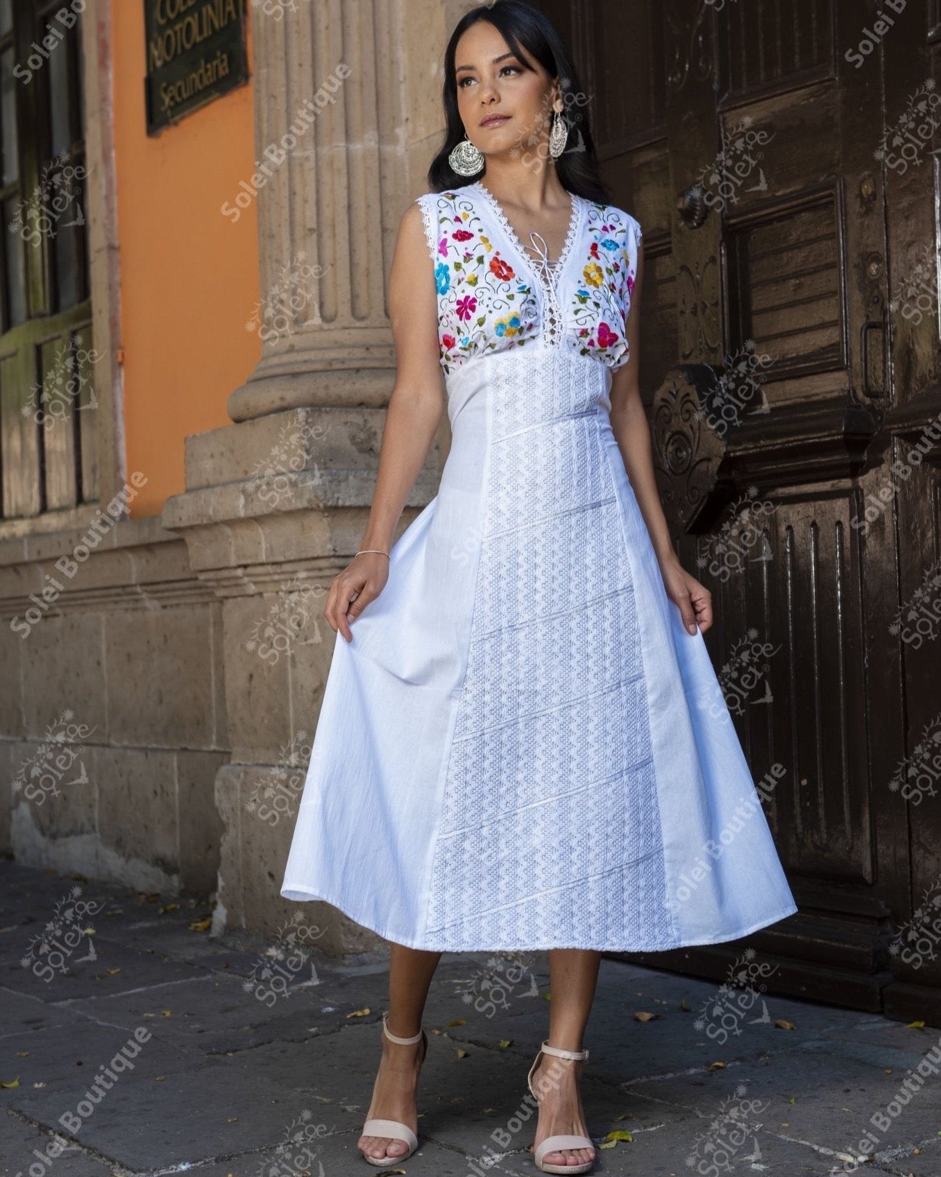 Colorful Mexican Embroidered Dress in White