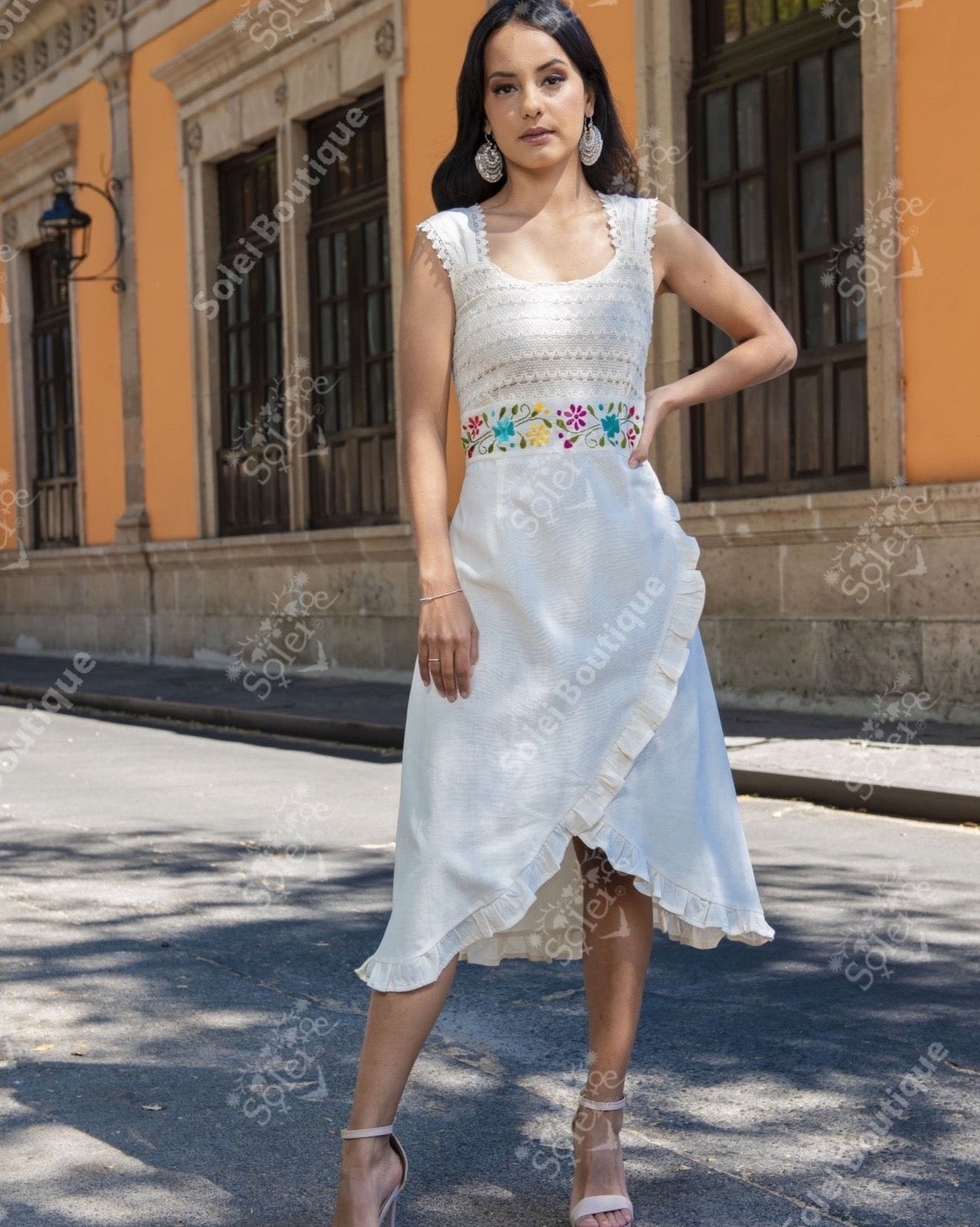 Colorful Mexican Embroidered Dress in Beige