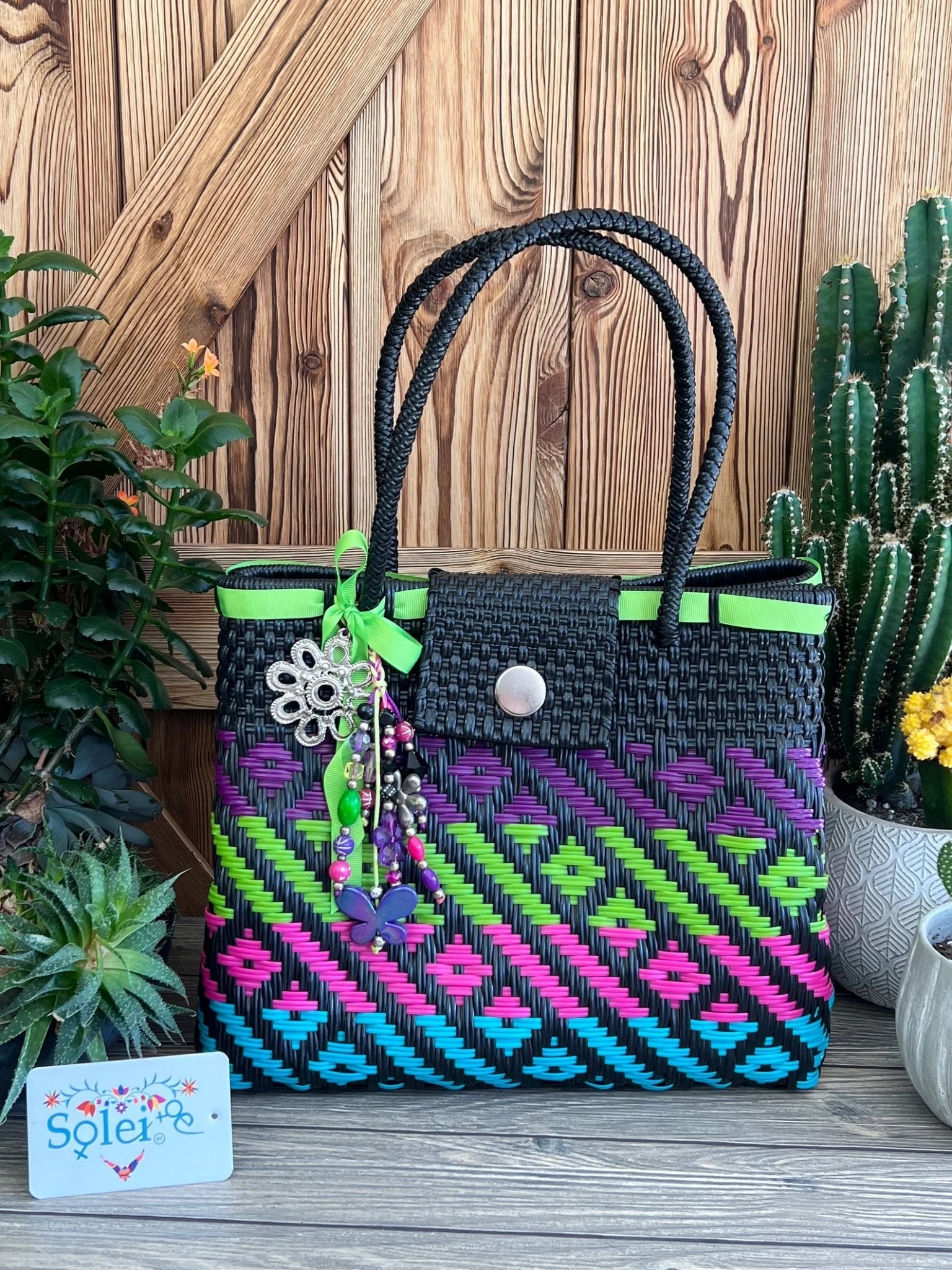 Artisanal Mexican Tote Bag with Charms. Huichol Bag - Solei Store