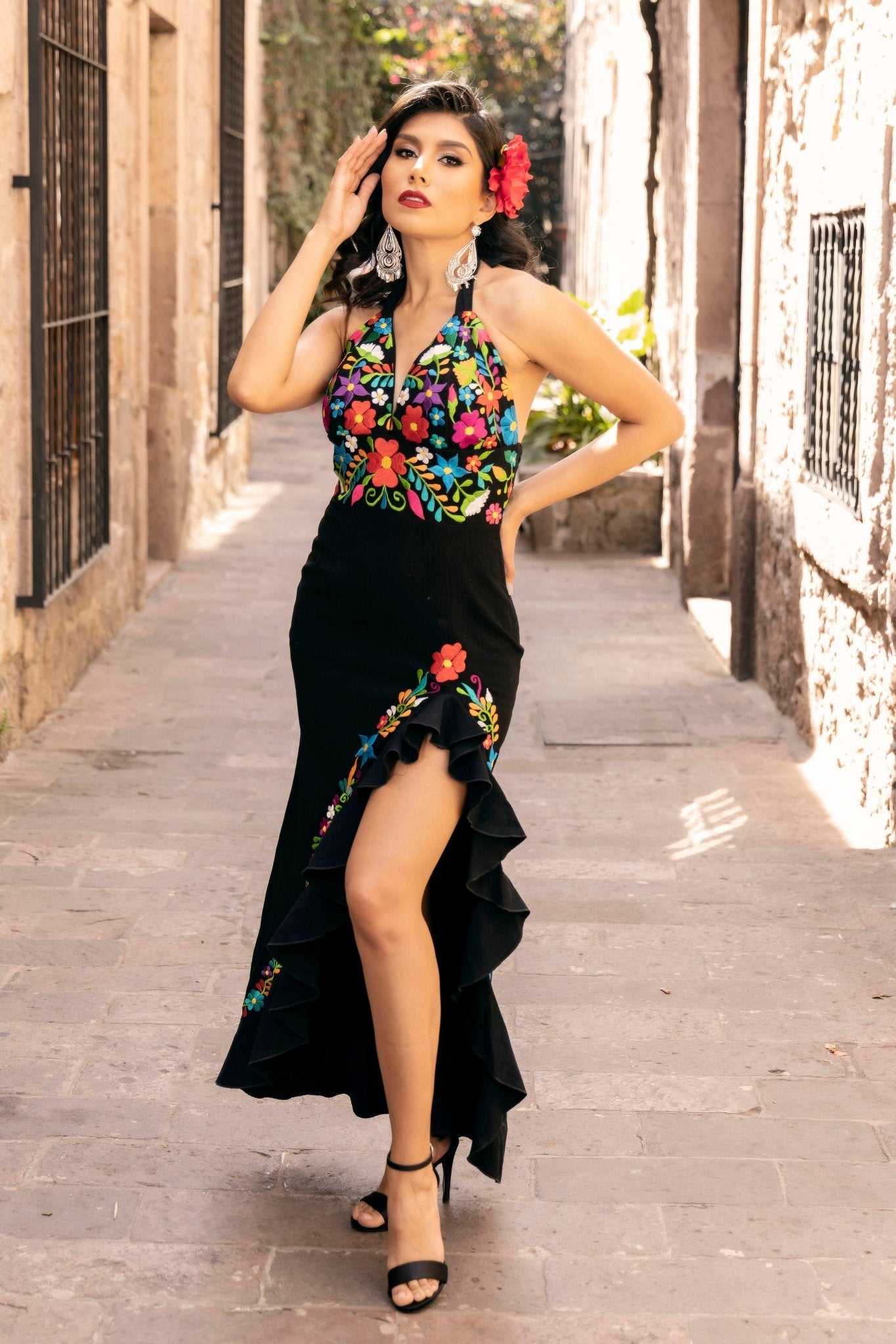 Colorful Traditional Mexican Embroidered Dress in Black