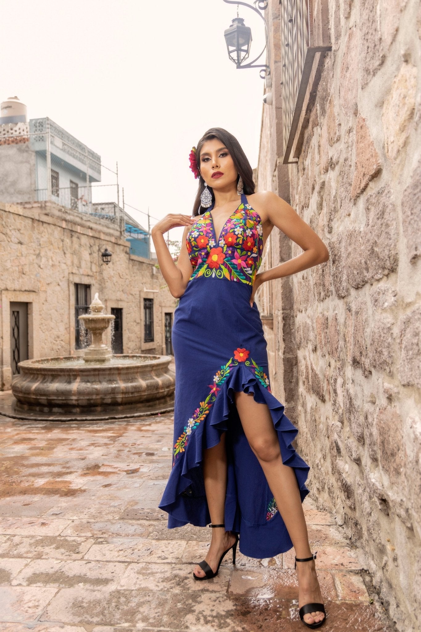 Colorful Traditional Mexican Embroidered Dress in Royal Blue