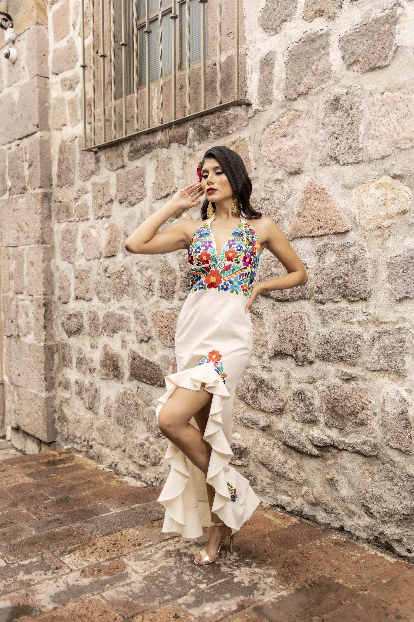 Colorful Traditional Mexican Embroidered Dress in Beige