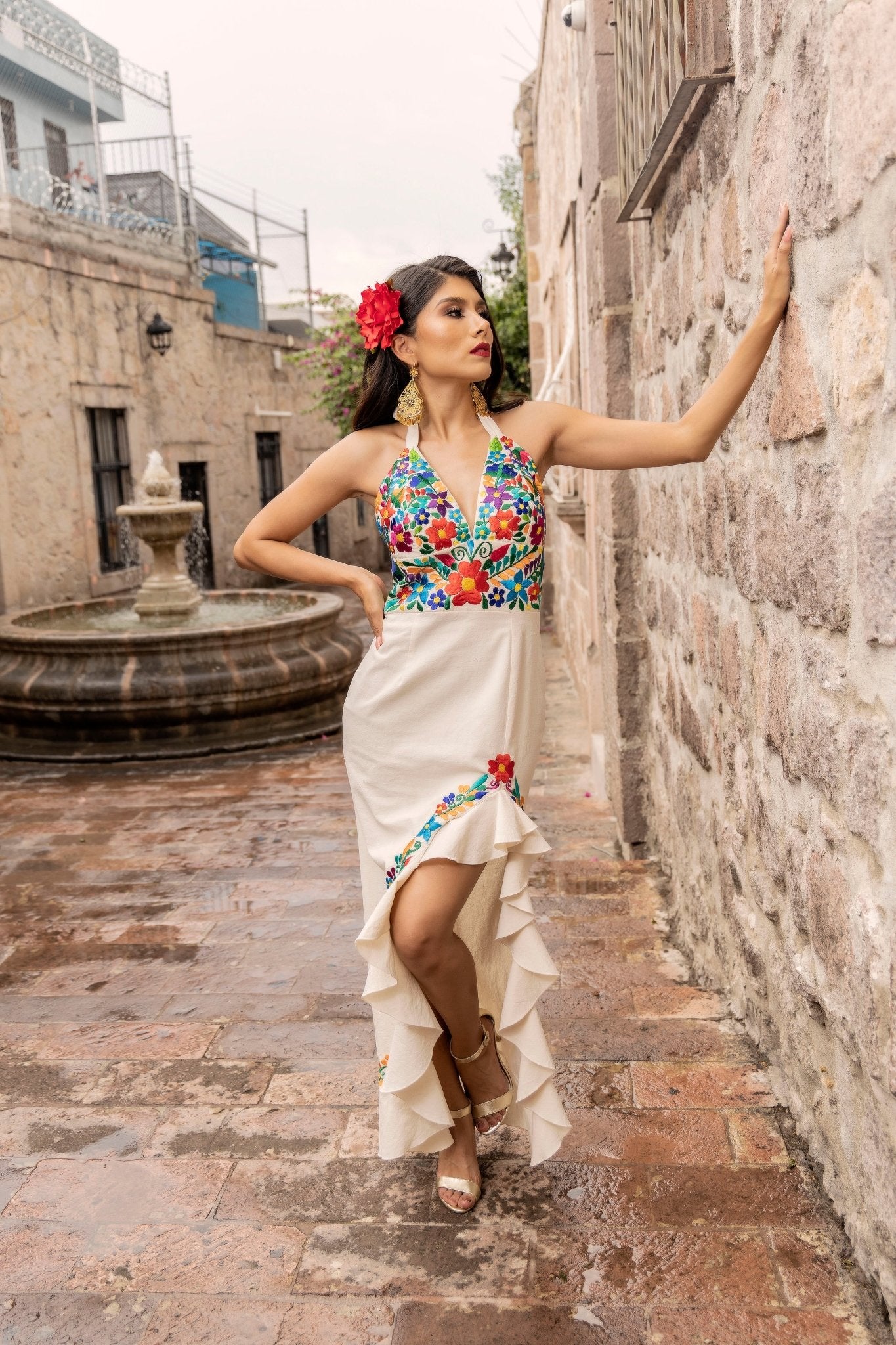 Colorful Traditional Mexican Embroidered Dress in  Beige