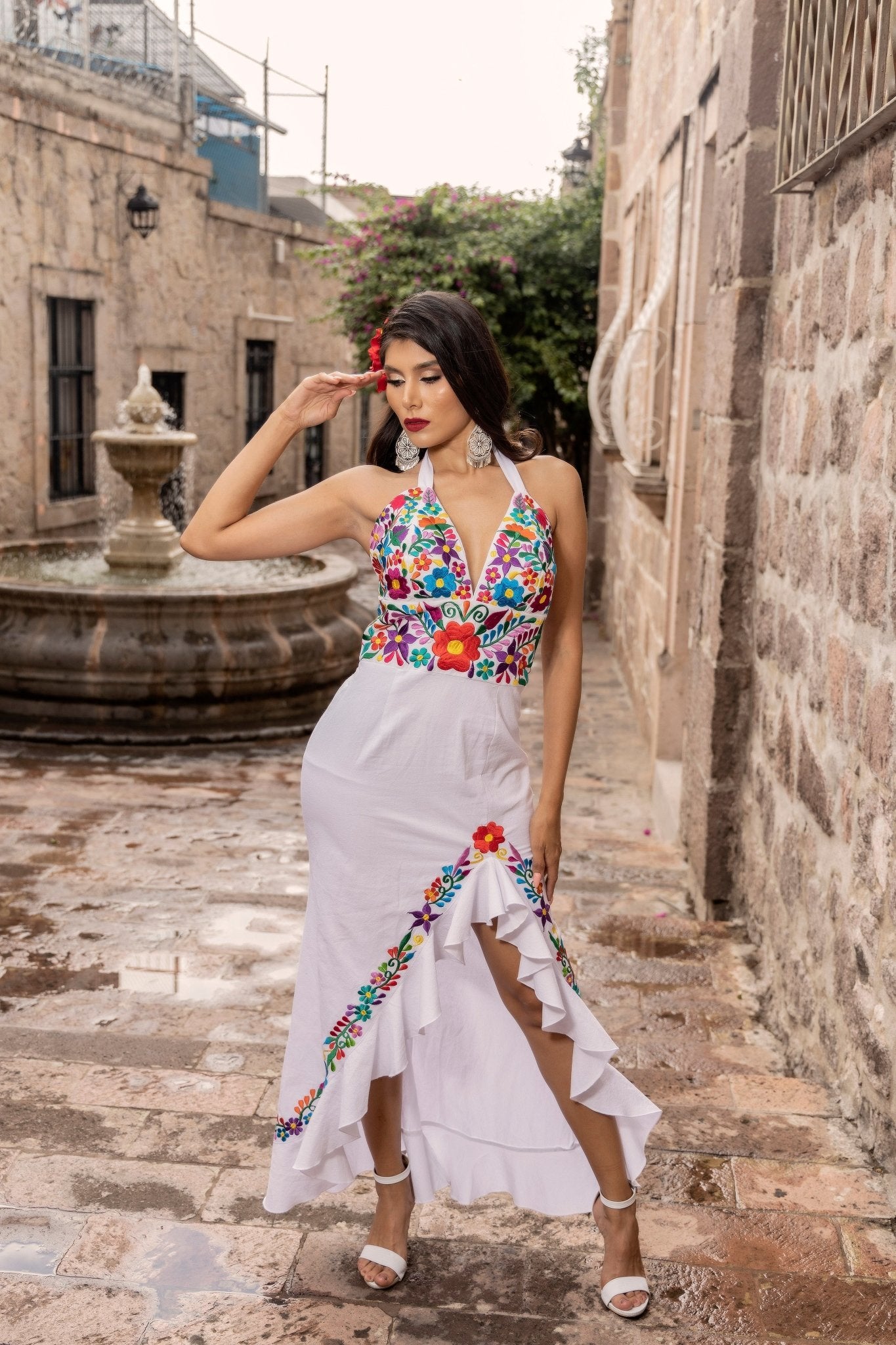 Colorful Traditional Mexican Embroidered Dress in White