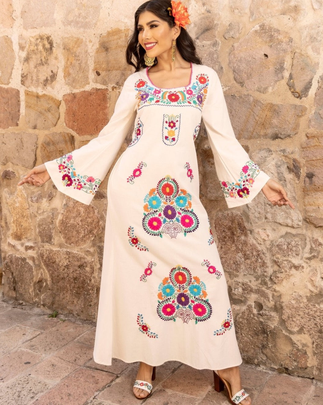 Multicolor Floral Mexican Dress. Beige Dress-Multicolor Floral Design
