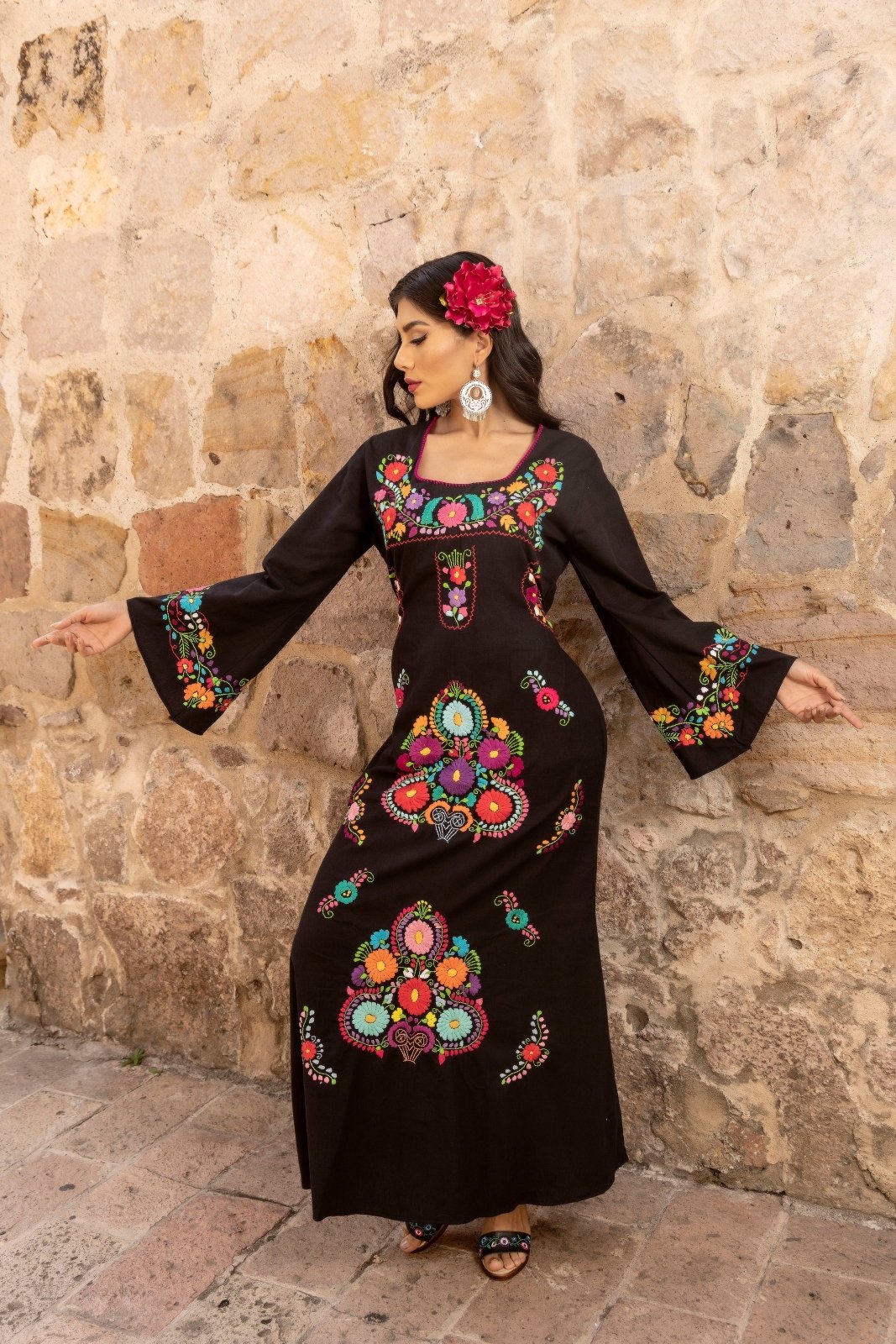 Multicolor Floral Mexican Dress. Black Dress-Multicolor Floral Design