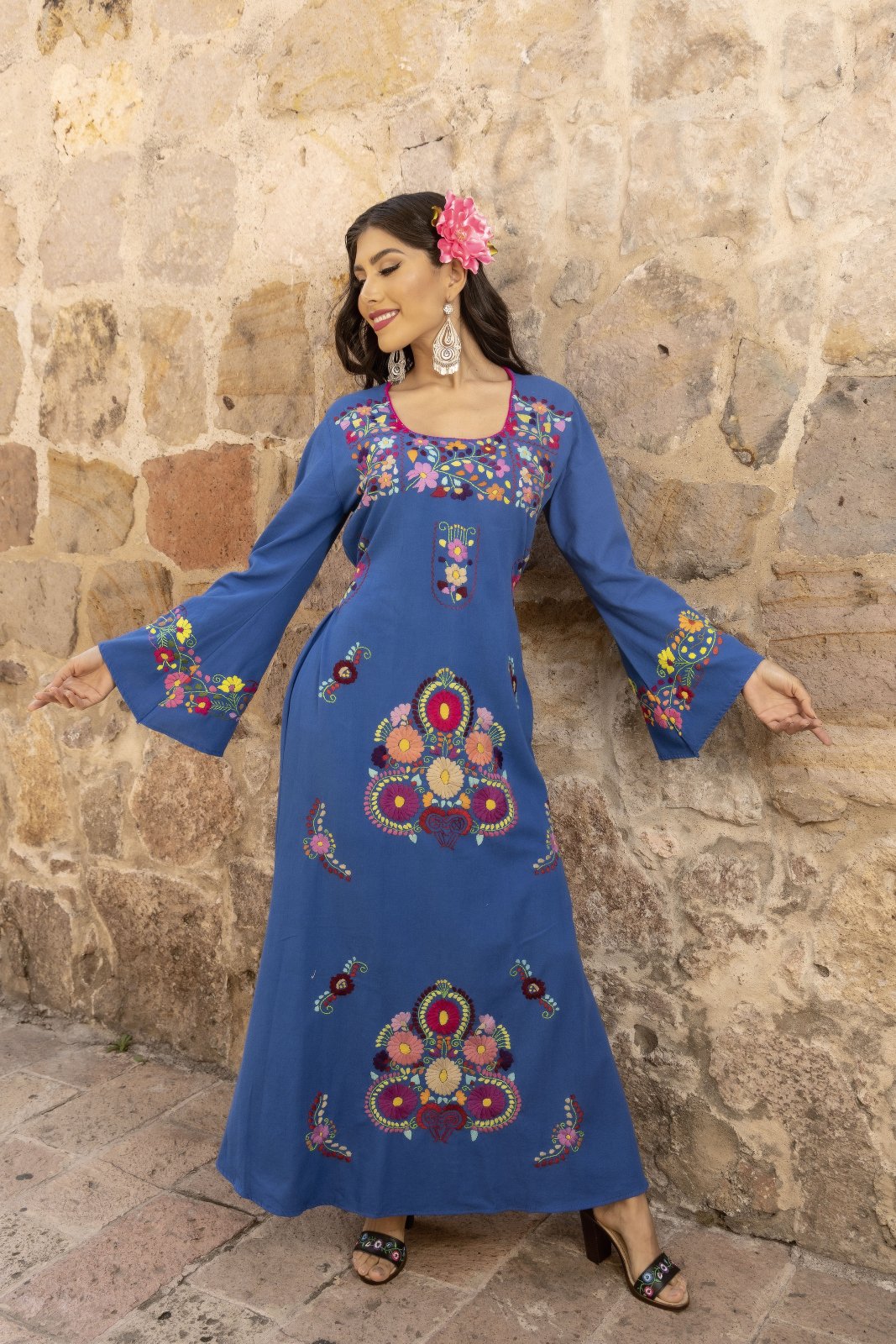 Multicolor Floral Mexican Dress. Royal Blue Dress-Multicolor Floral Design
