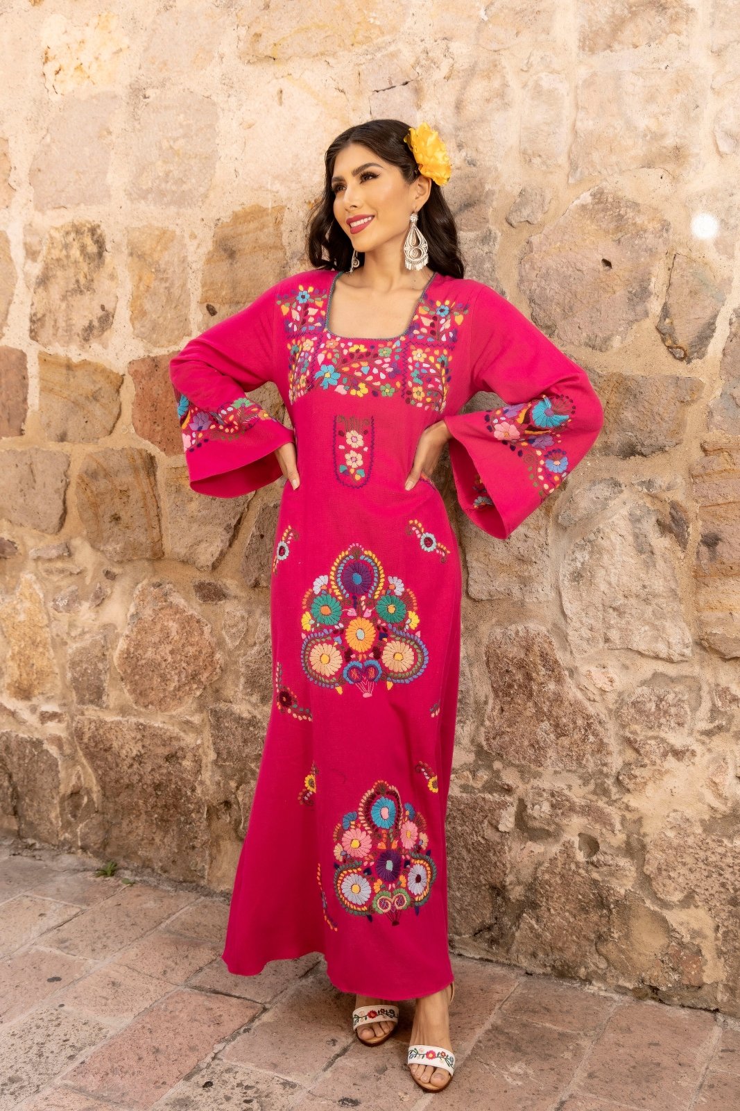 Multicolor Floral Mexican Dress. Fuchsia Dress-Multicolor Floral Design