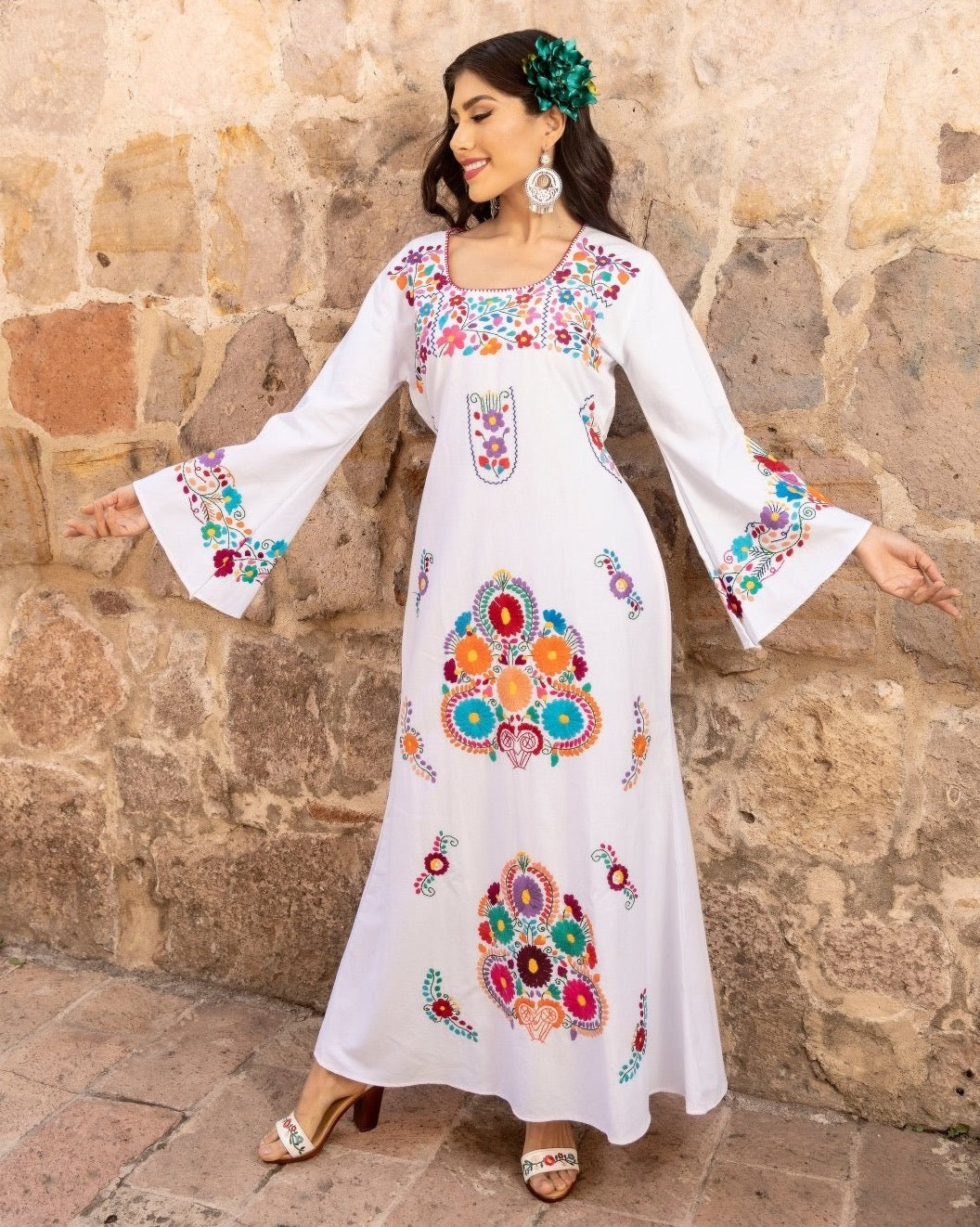 Multicolor Floral Mexican Dress. White Dress-Multicolor Floral Design