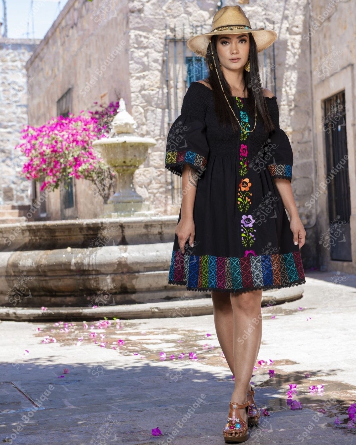 Bell Sleeve Embroidered Mexican Dress in Black