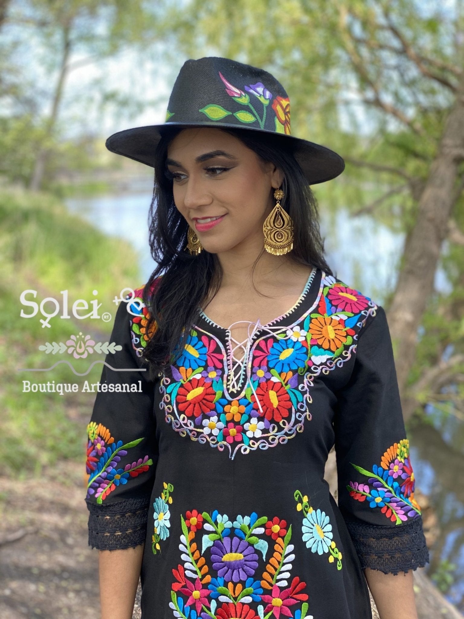 Black Dress, Flower Pattern Hand Embroidery Dress, Women Embroidered Floral Dress, Mexican Dress - Solei Store