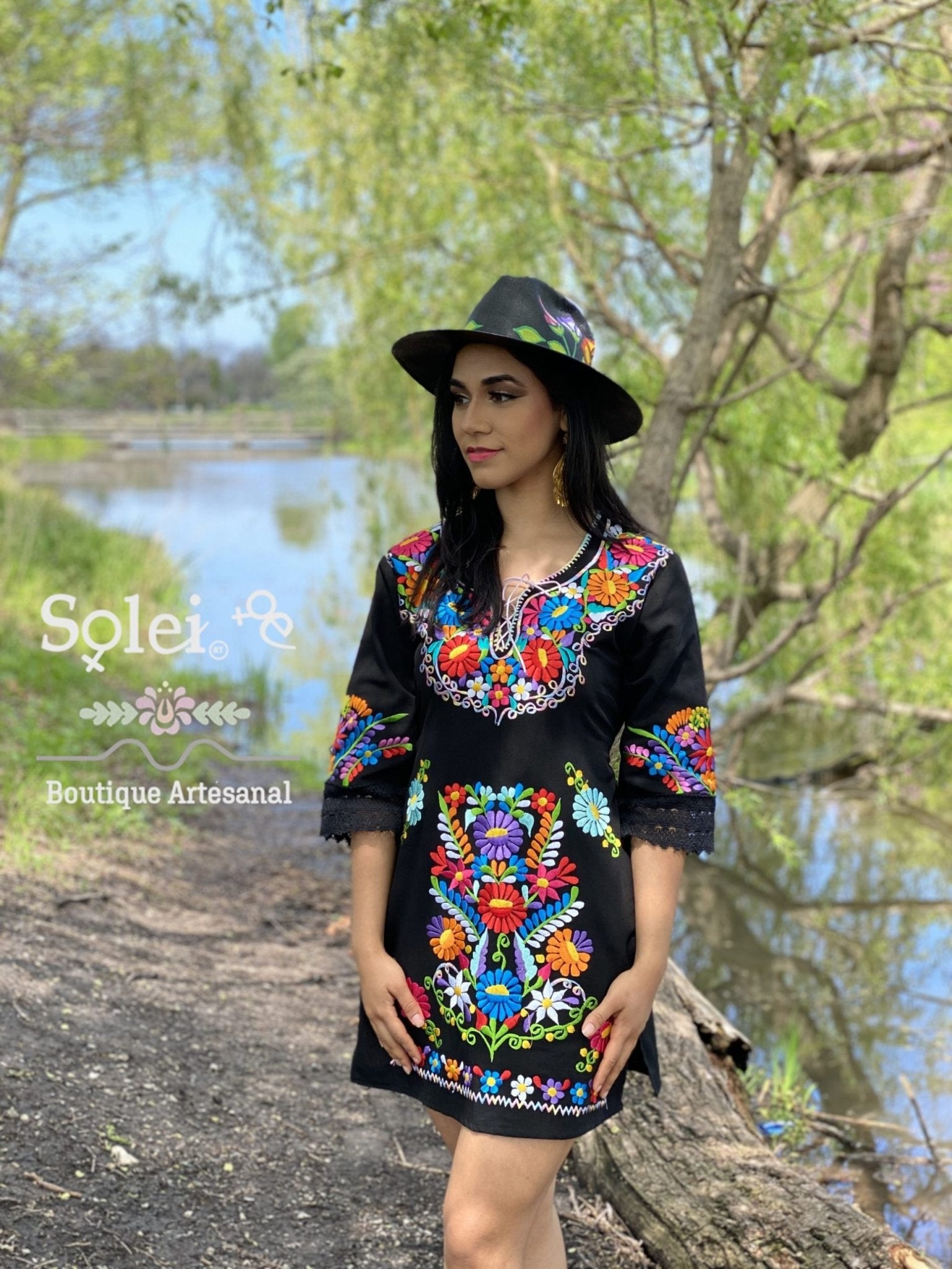 Black Dress, Flower Pattern Hand Embroidery Dress, Women Embroidered Floral Dress, Mexican Dress - Solei Store