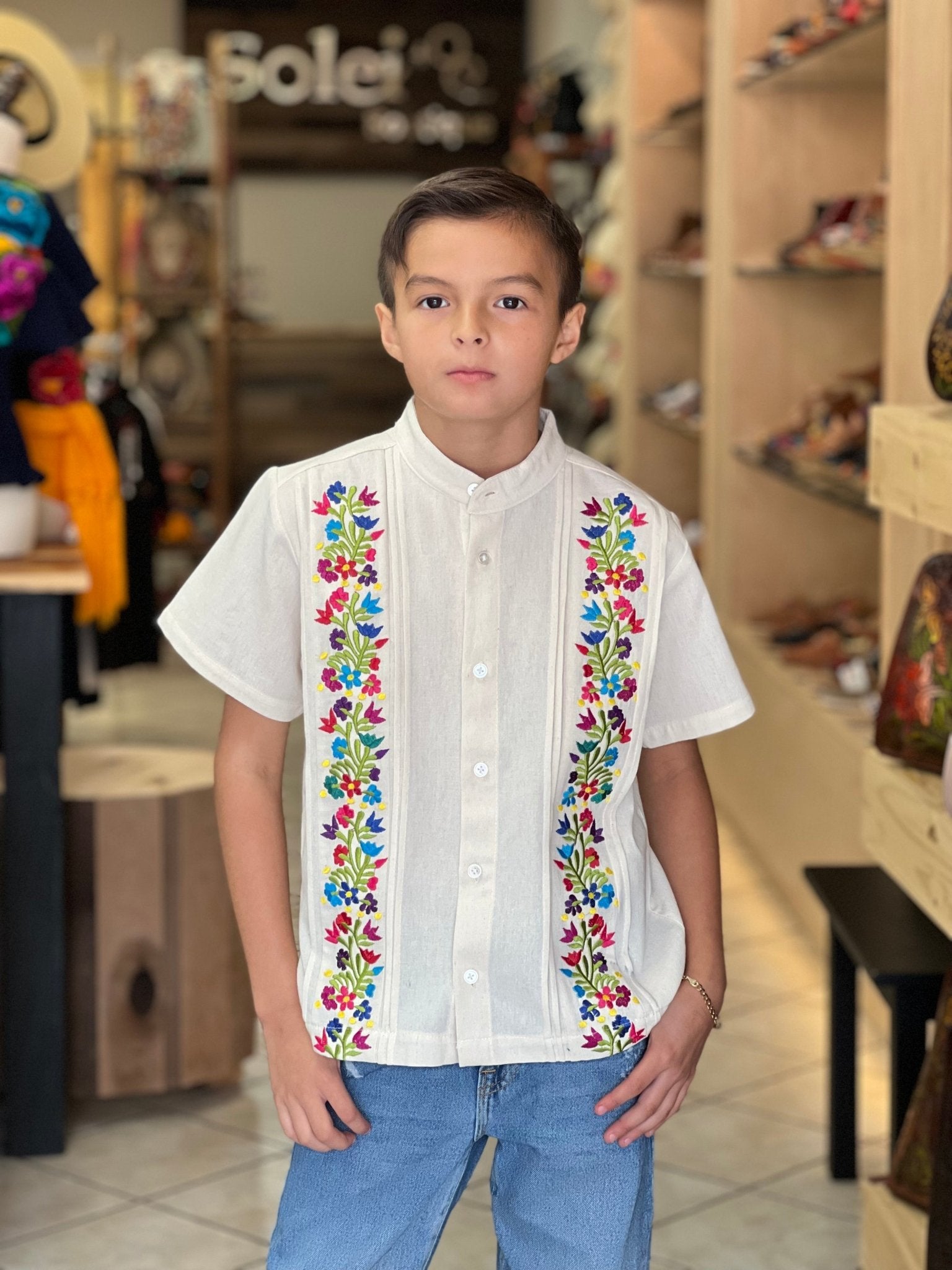 Boys Mexican Embroidered Button Up Guayabera. Guayabera Cancun. - Solei Store