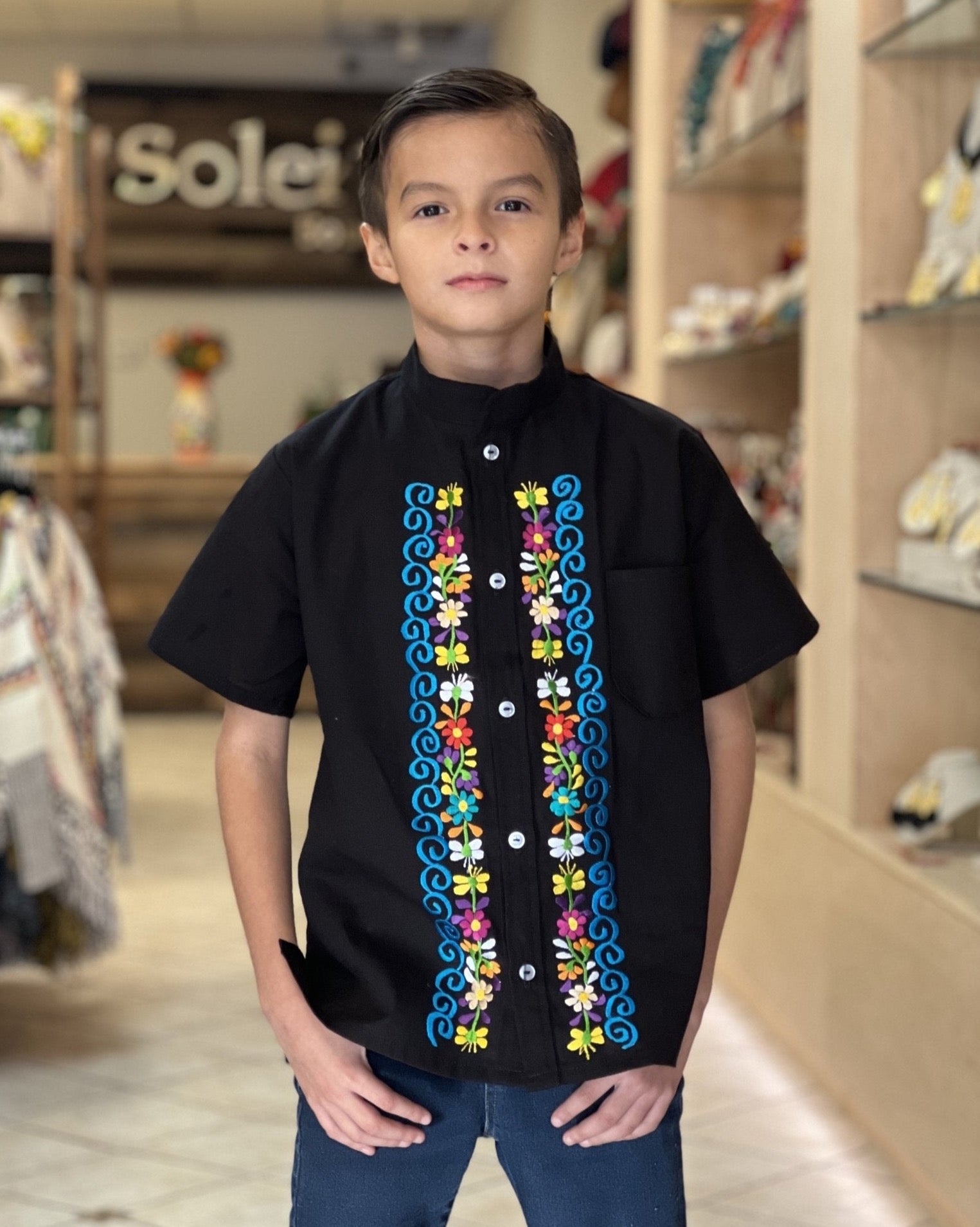 Boys Mexican Embroidered Guayabera. Boys Traditional Mexican Button Up Shirt. Guayabera Niño Bordada. - Solei Store