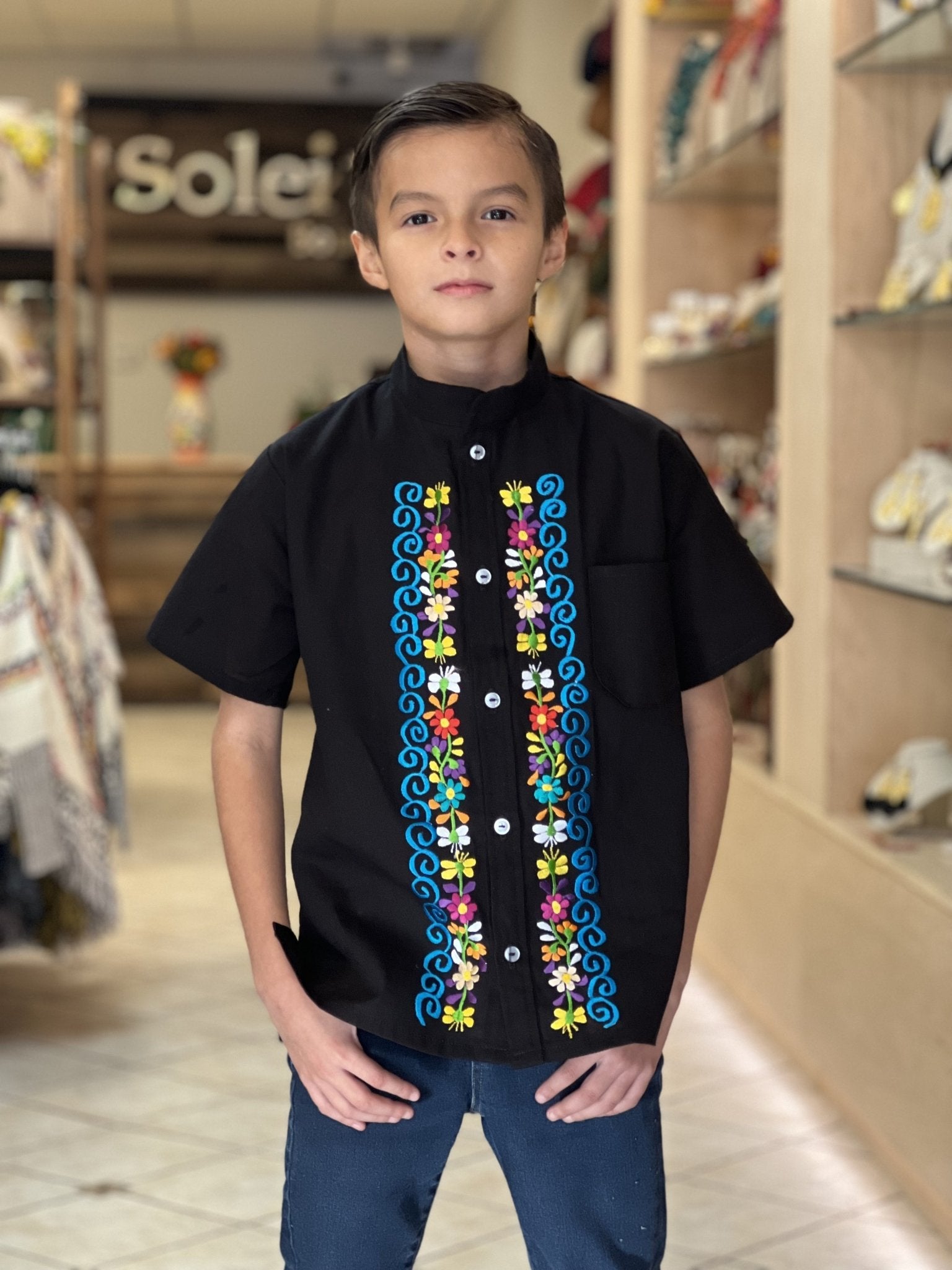 Boys Mexican Embroidered Guayabera. Boys Traditional Mexican Button Up Shirt. Guayabera Niño Bordada. - Solei Store