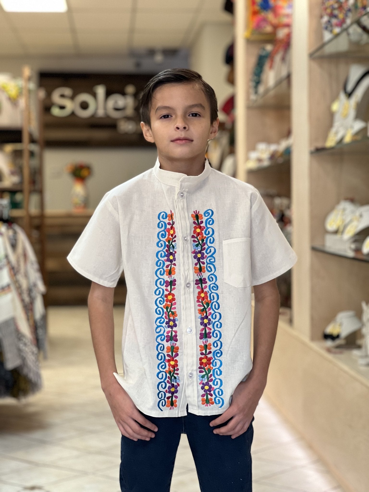 Boys Mexican Embroidered Guayabera. Boys Traditional Mexican Button Up Shirt. Guayabera Niño Bordada. - Solei Store