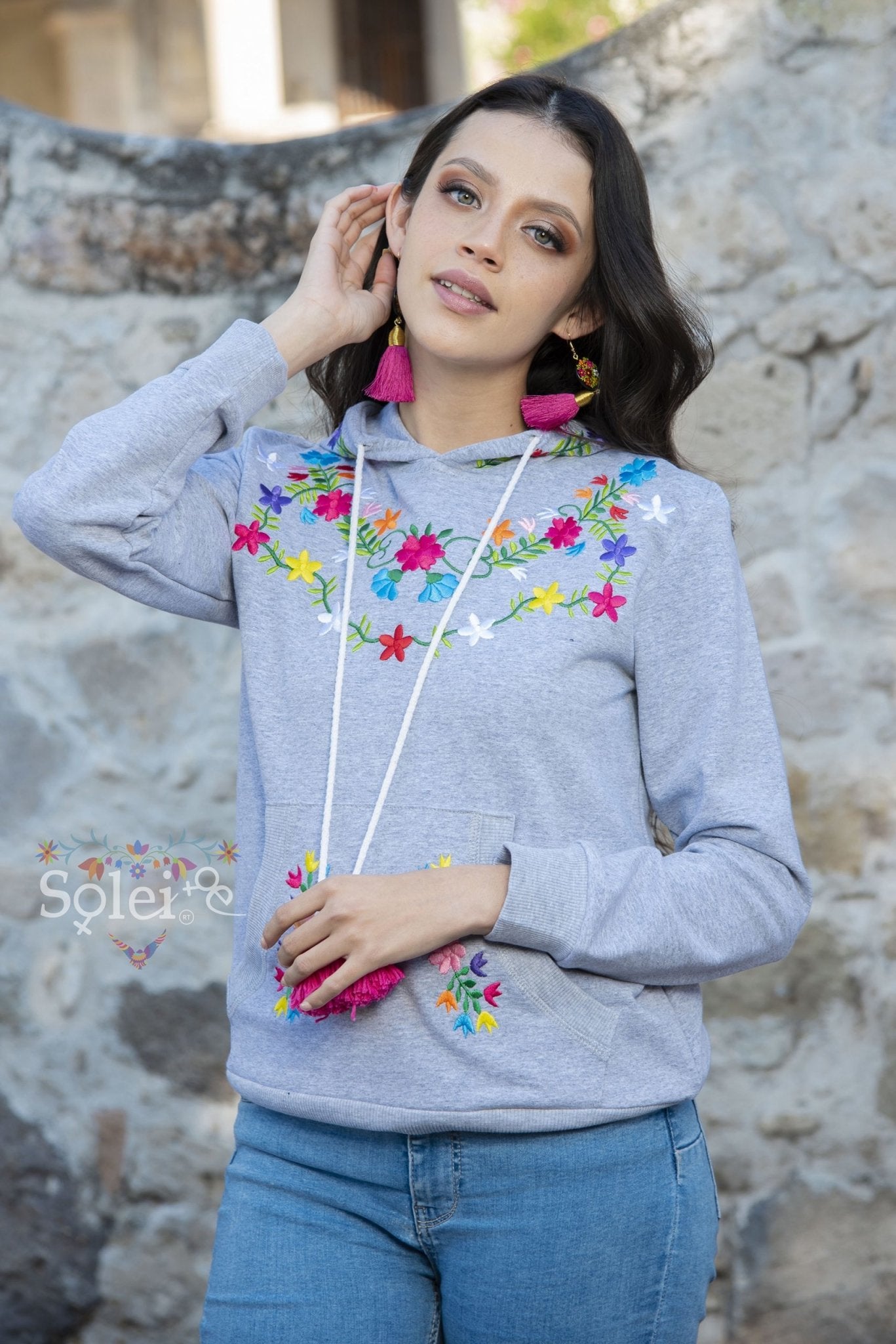 Brenda Hand embroidered floral Mexican design hoodie + Face mask included - Solei Store