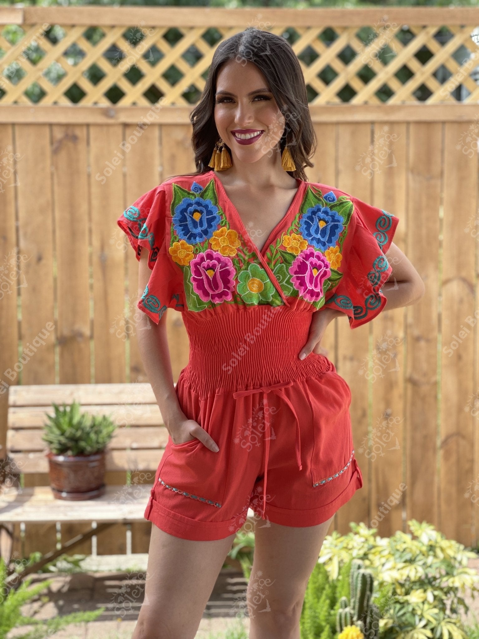 Butterfly Sleeve Romper. Mexican Floral Embroidered Romper - Solei Store
