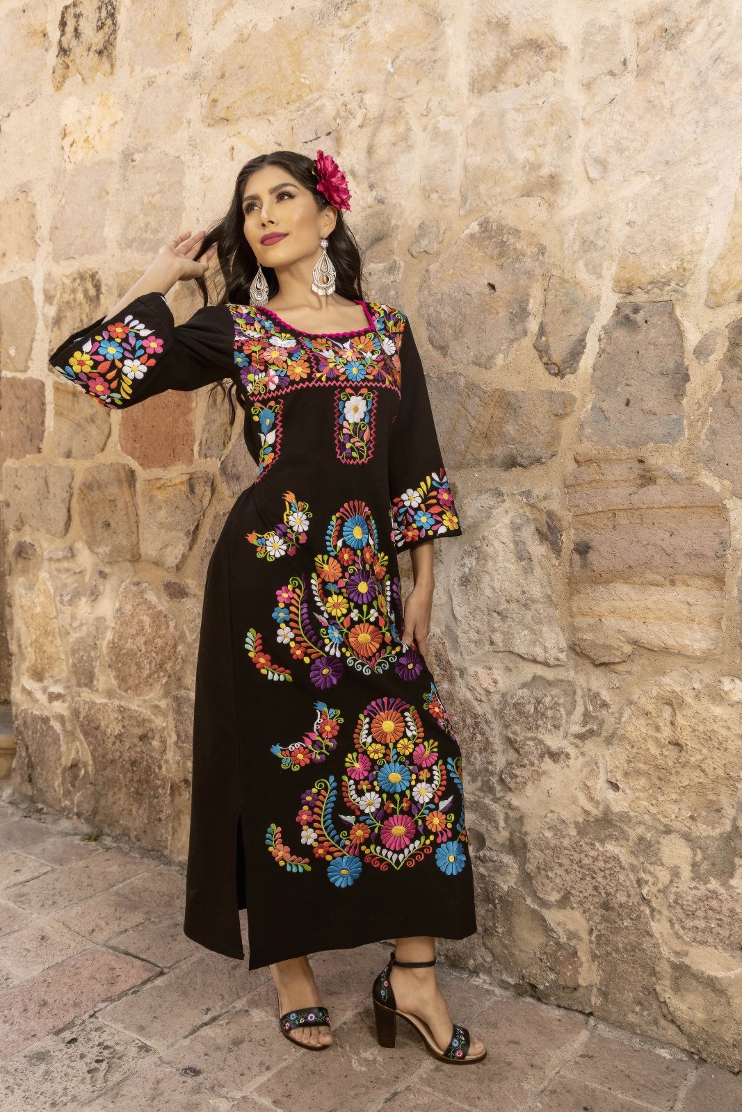 Floral Embroidered Traditional Mexican Dress in Black