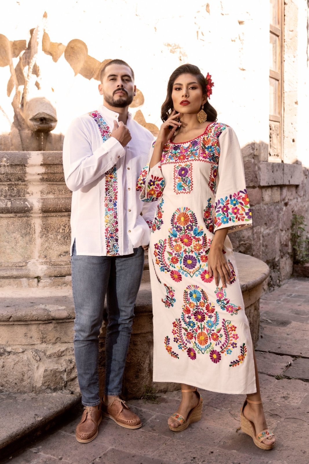 Floral Embroidered Traditional Mexican Dress in Beige